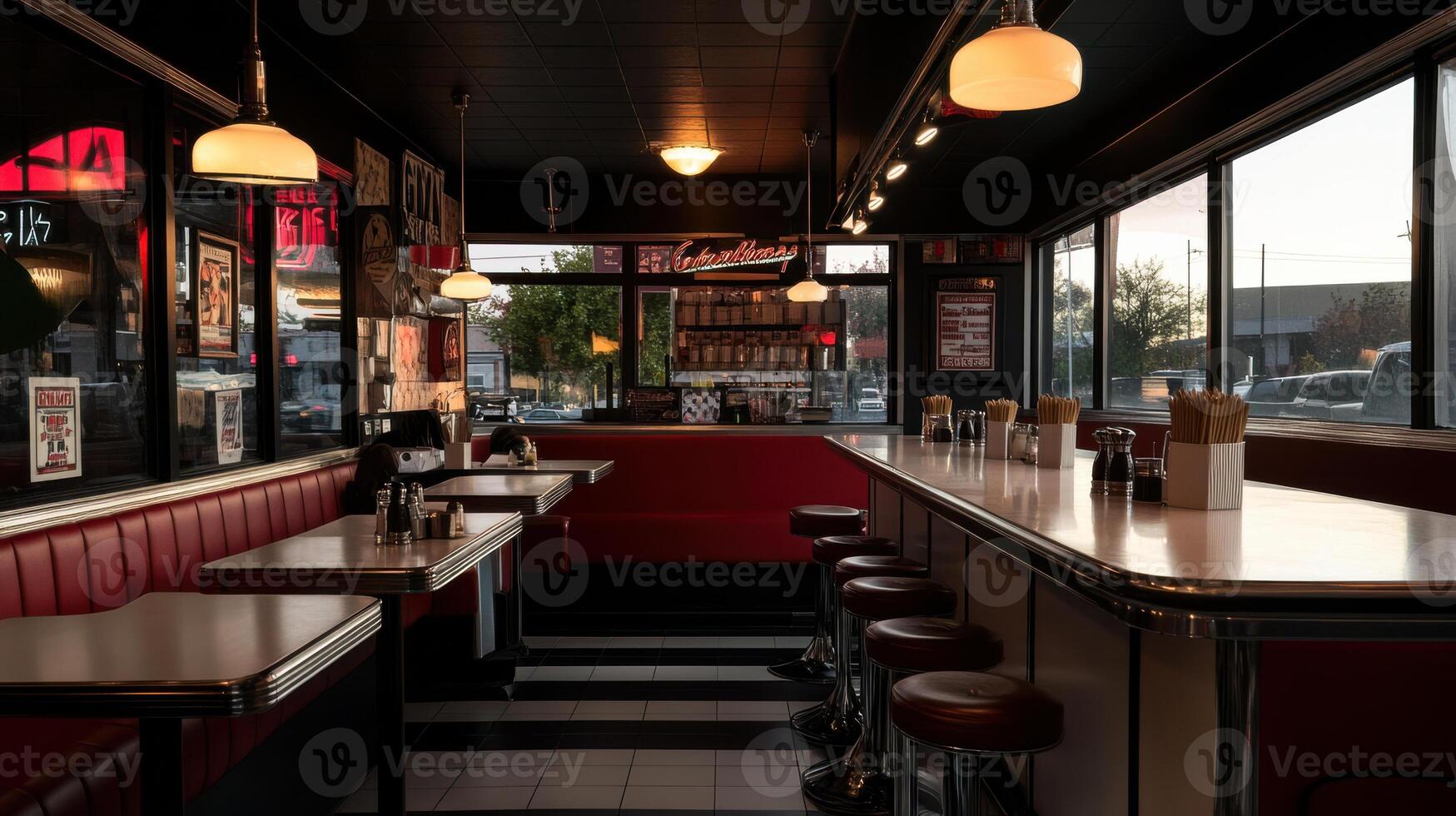 Classic diner interior with red booths and bar stools photo