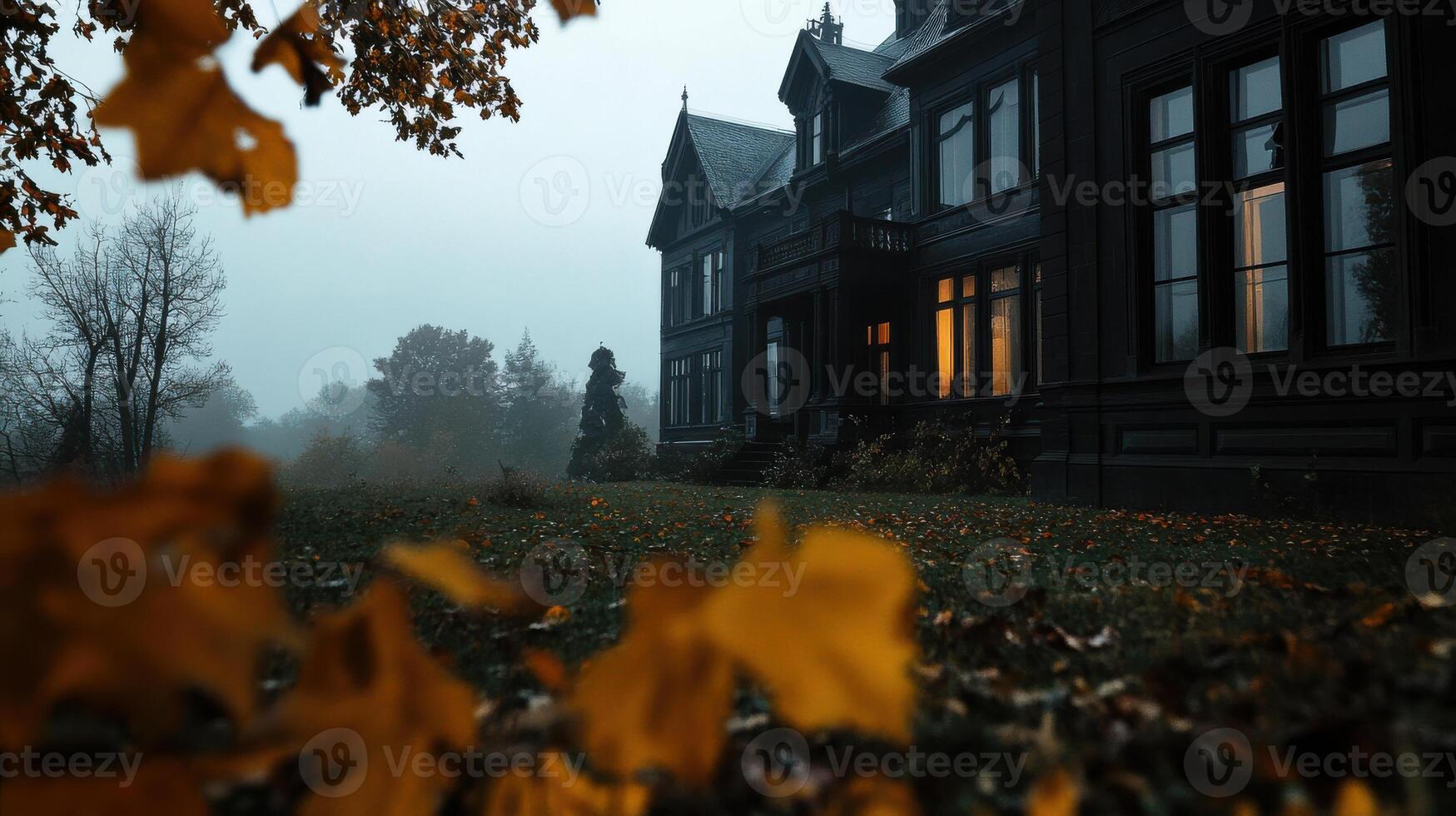 A dark house with windows and a foggy day photo