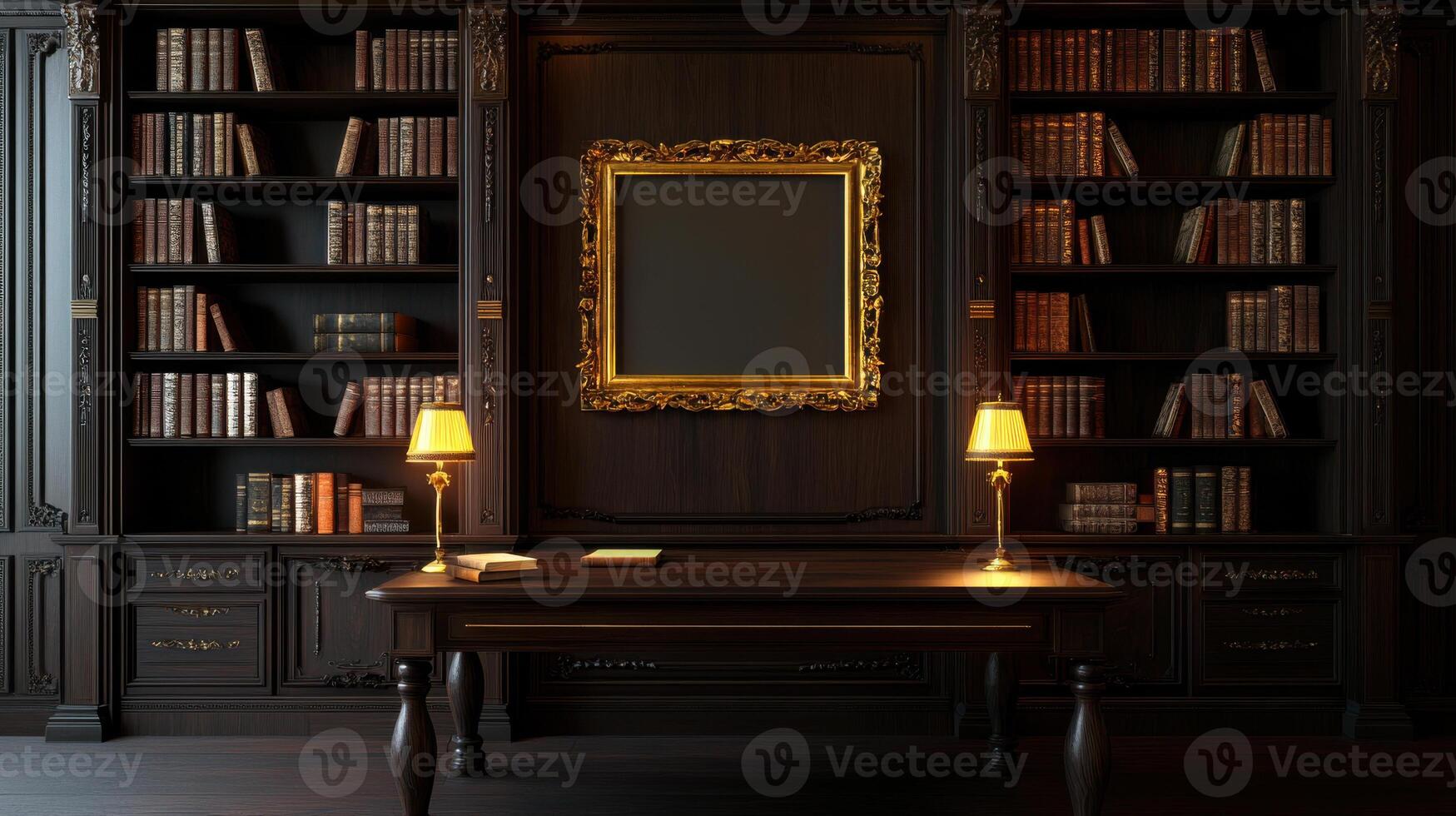 A desk and bookshelves in a dark room photo
