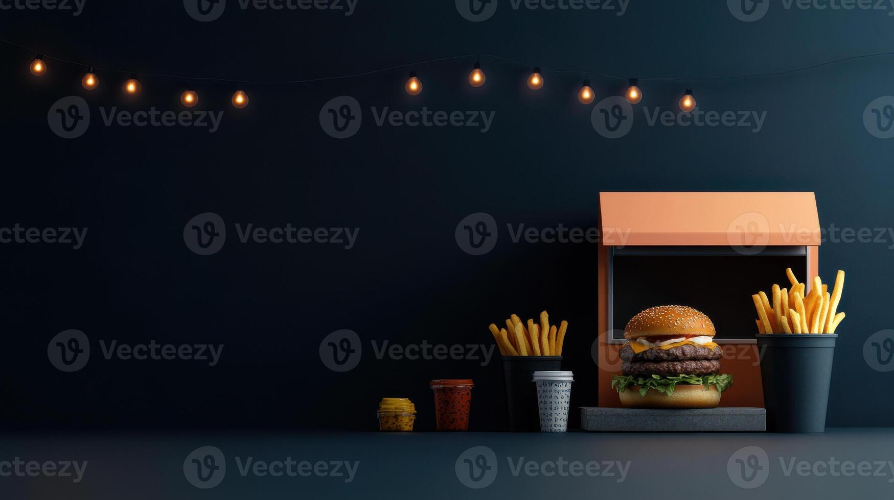 Classic burger with fries and condiments on dark background photo