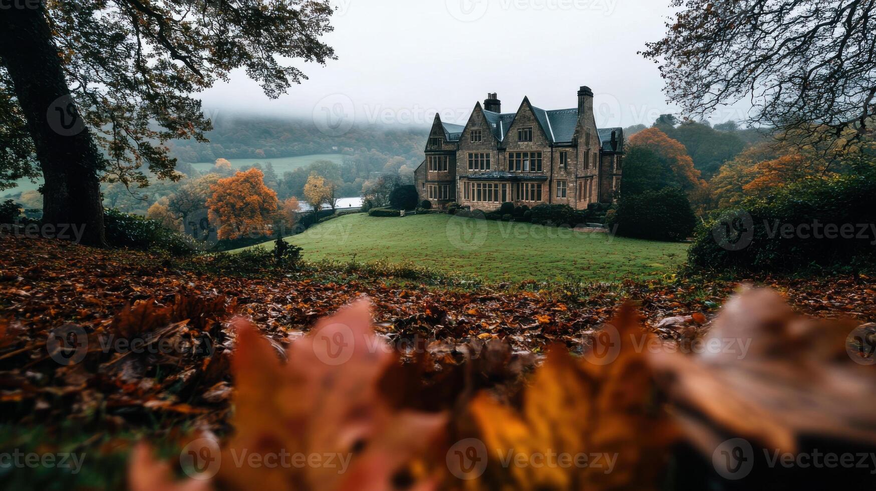 Classic English manor surrounded by autumn foliage and hills photo