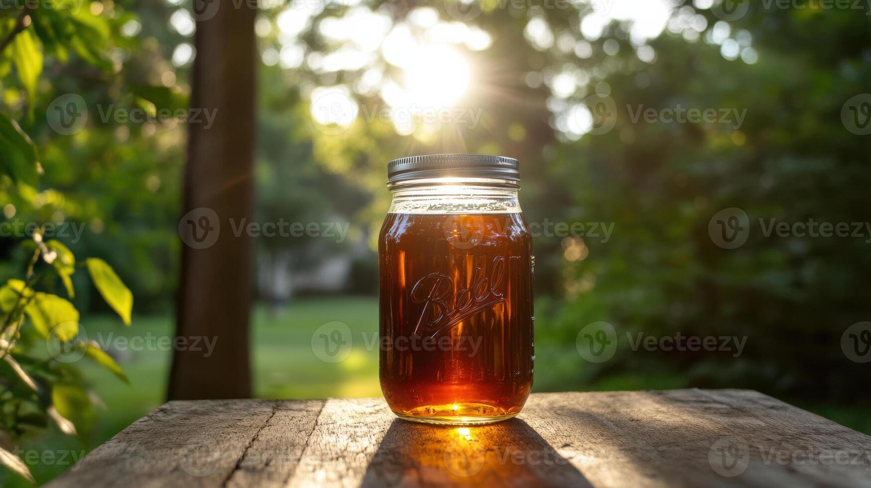 Cold brew coffee in mason jar with sunlight shining through photo