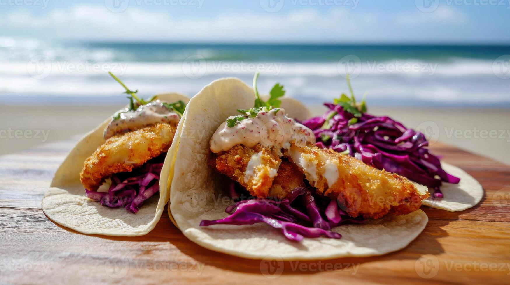 Crispy fish tacos with red cabbage slaw and creamy sauce photo