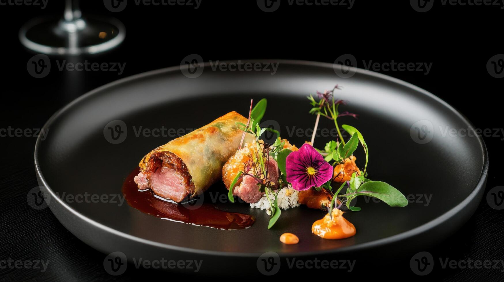 Crispy duck spring rolls with plum sauce and fresh herbs photo