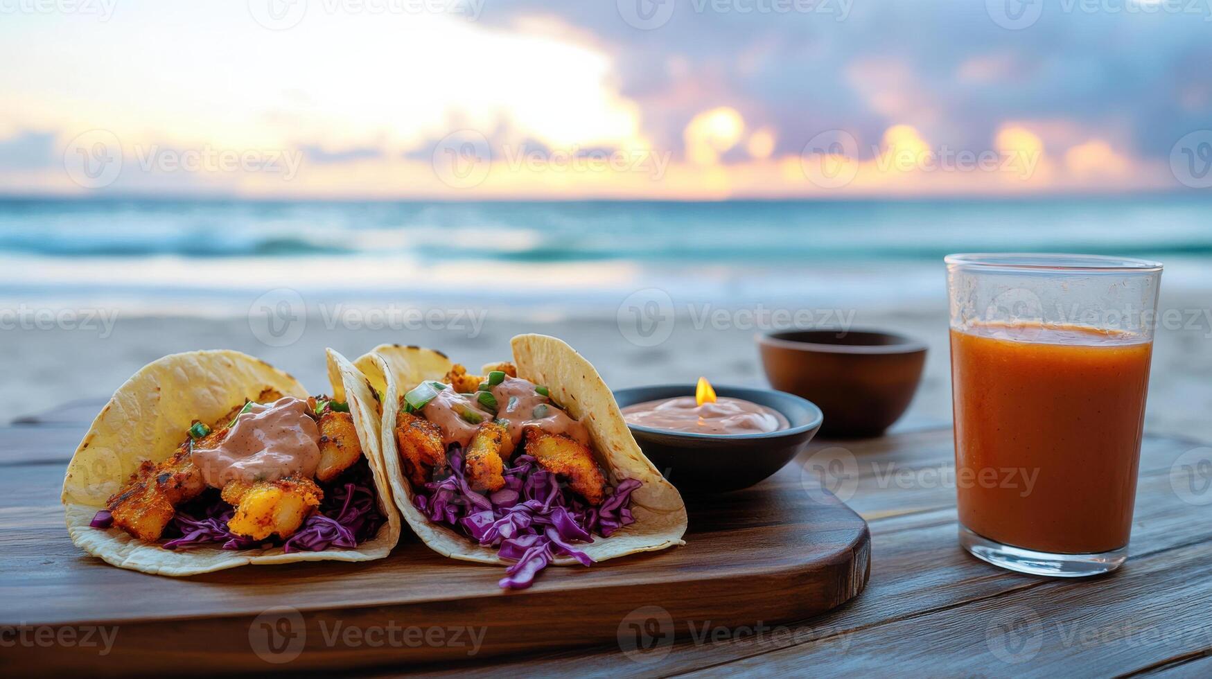 Crispy fish tacos with red cabbage slaw and sunset view photo