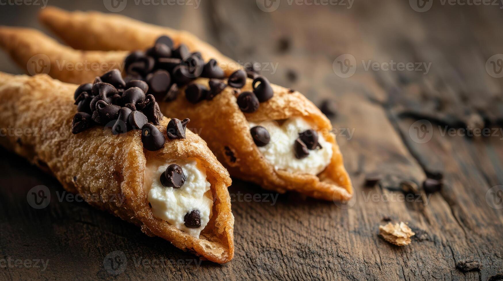 Two chocolate covered croissants on a wooden table photo