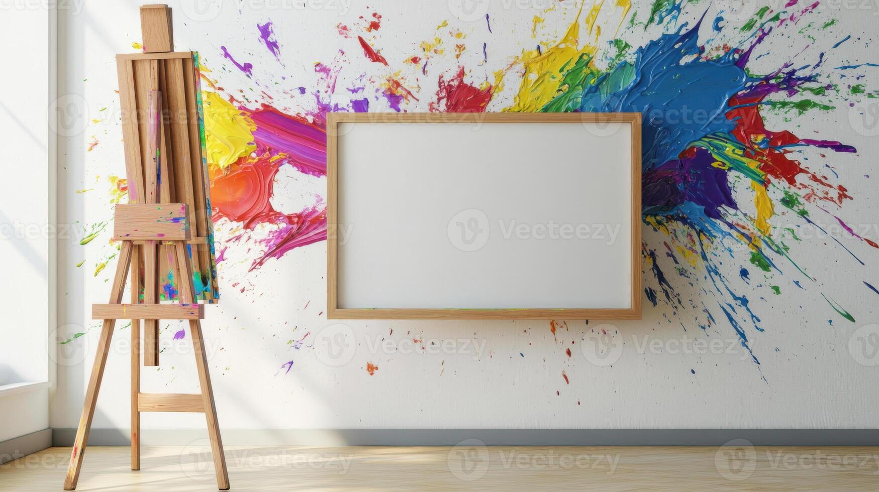 An easel and a blank canvas in front of a colorful paint splatter photo
