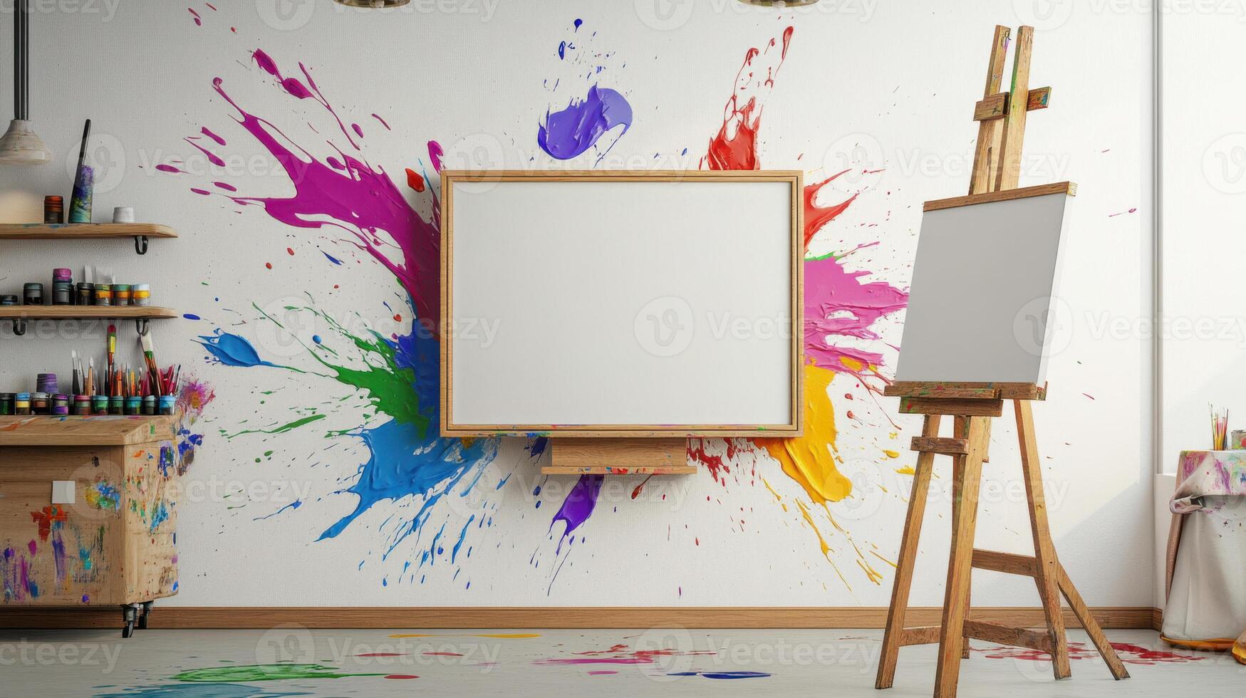 An empty canvas with paint splatters on it in a room photo