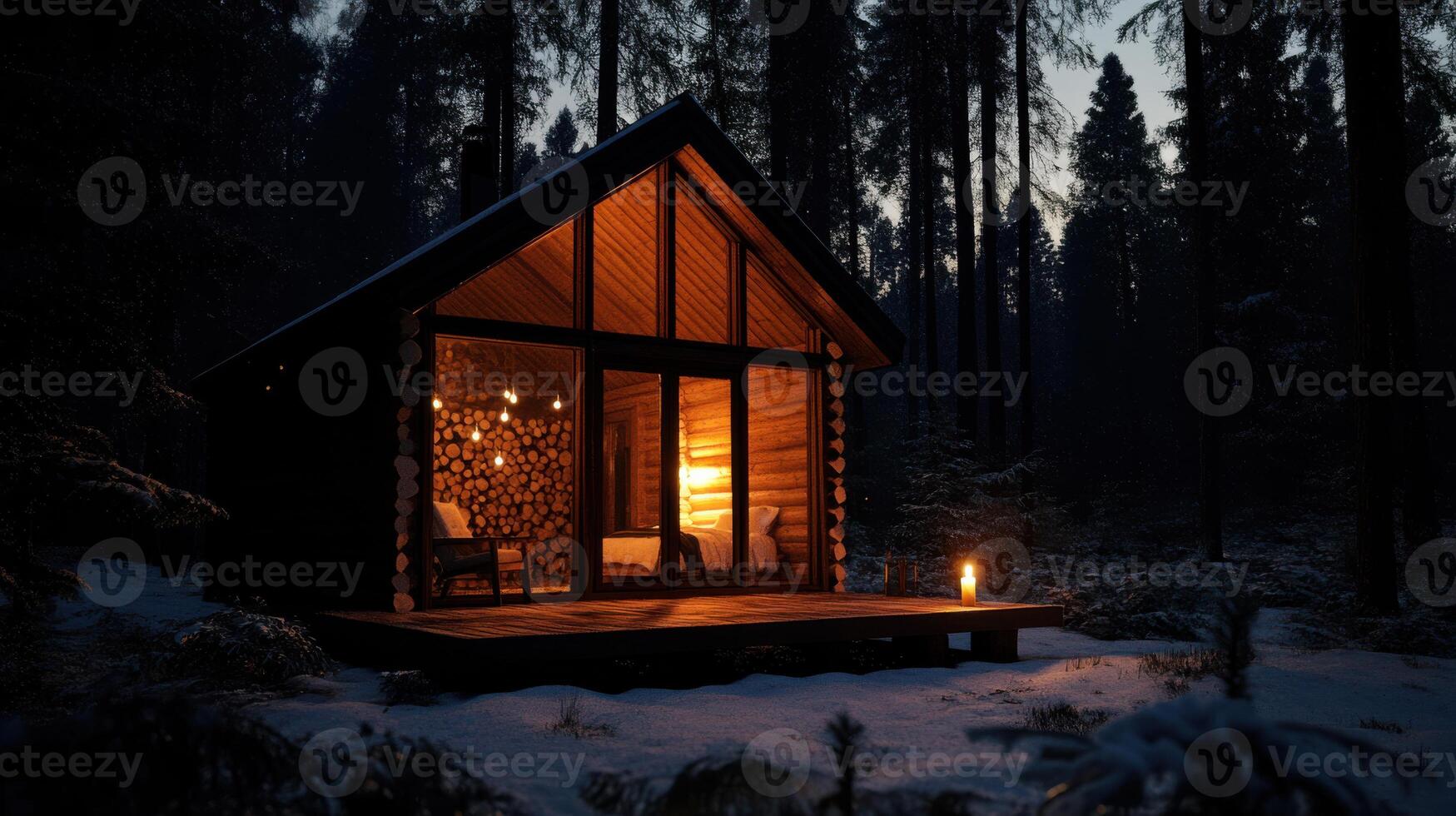 Cozy Scandinavian cabin in forest at night with warm light photo