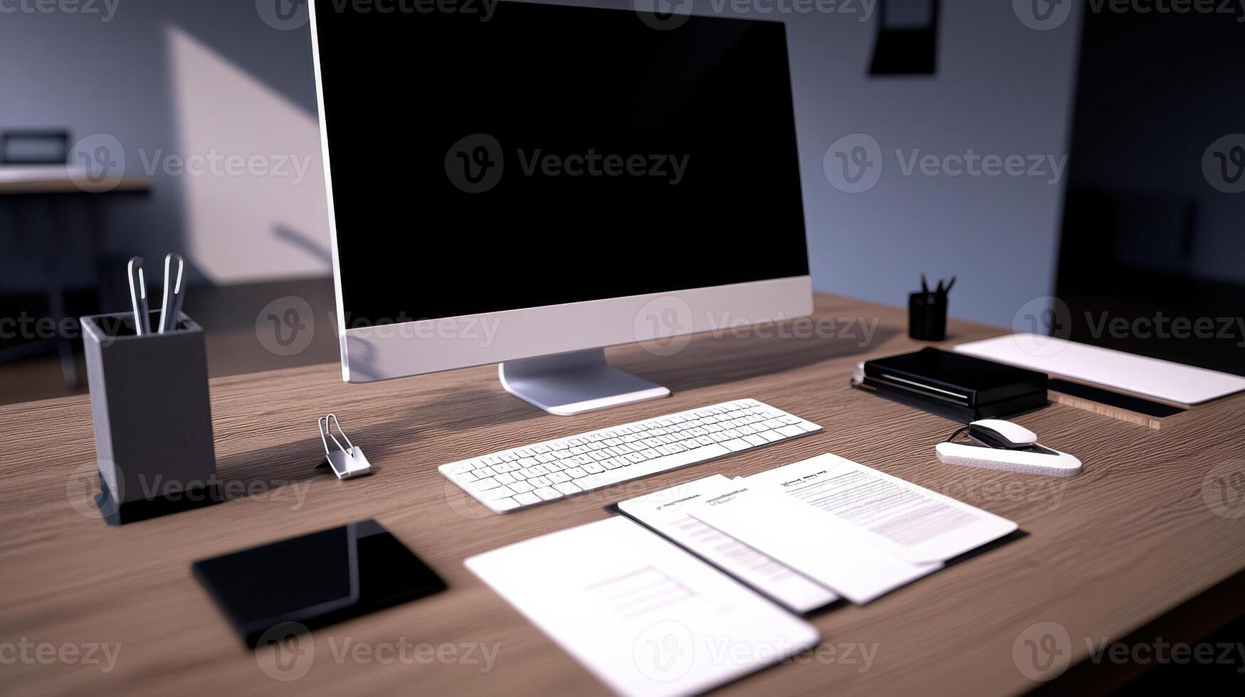 A desk with a computer monitor, keyboard, and other items photo