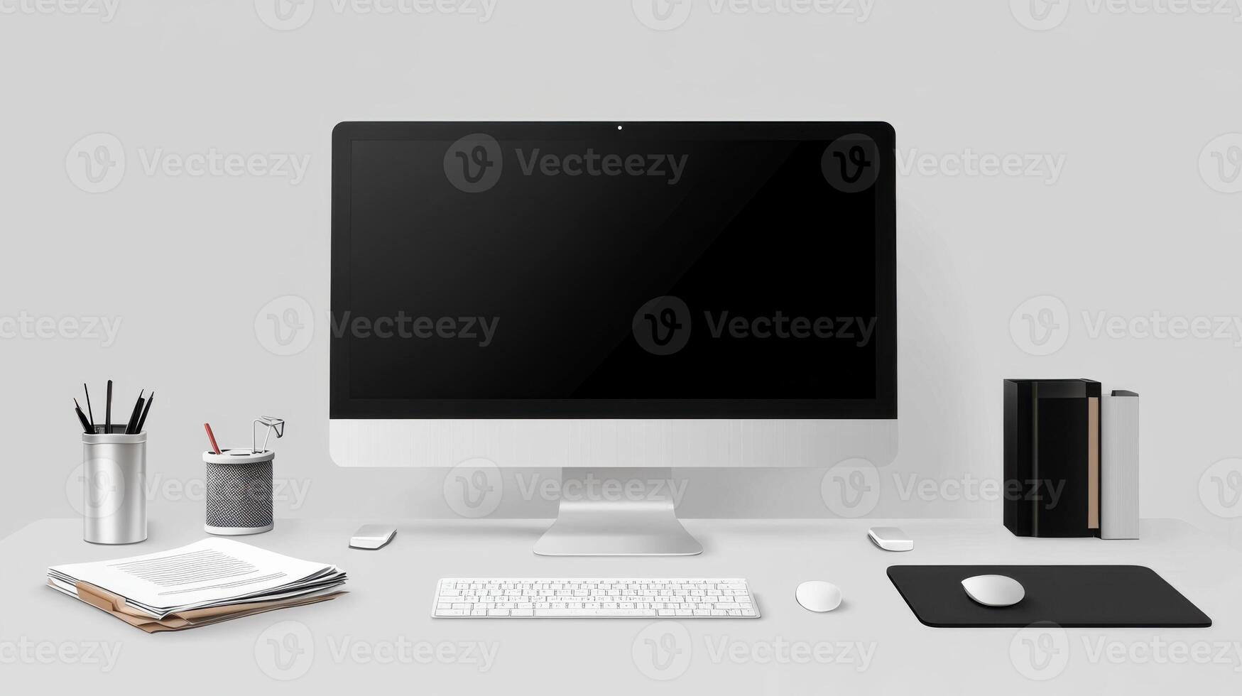 A desktop computer with a monitor, keyboard, mouse and other items photo