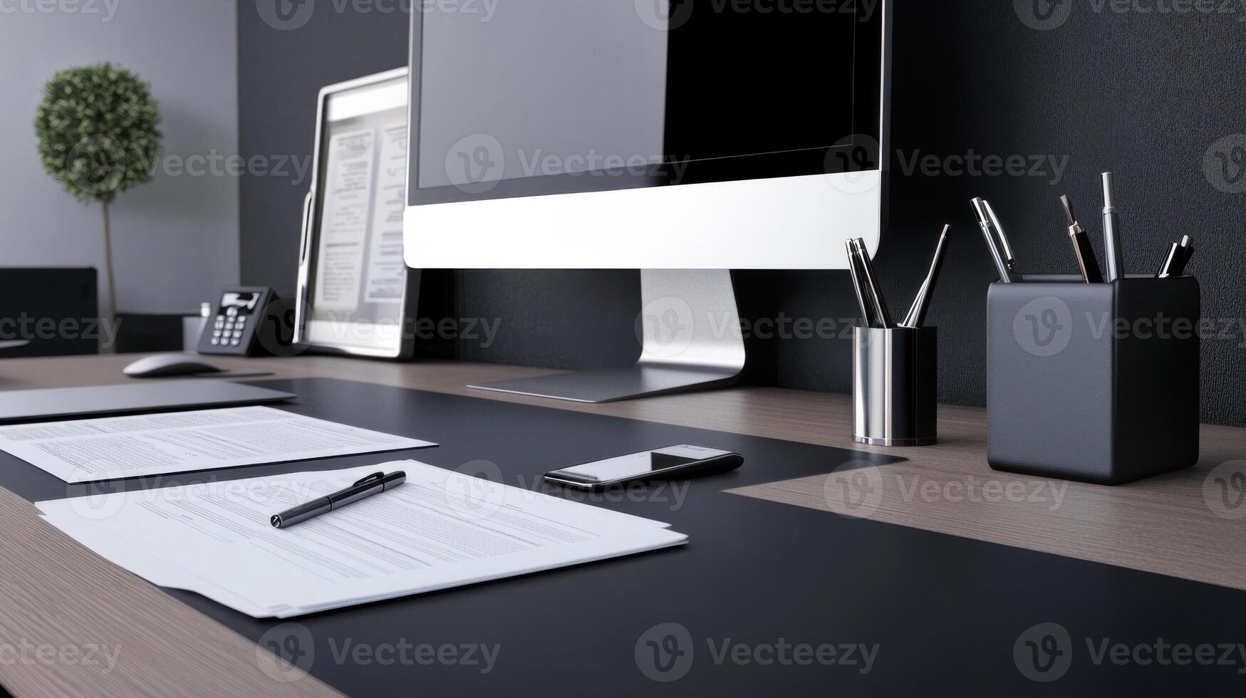 A desk with a computer, pen, notepad and other items photo