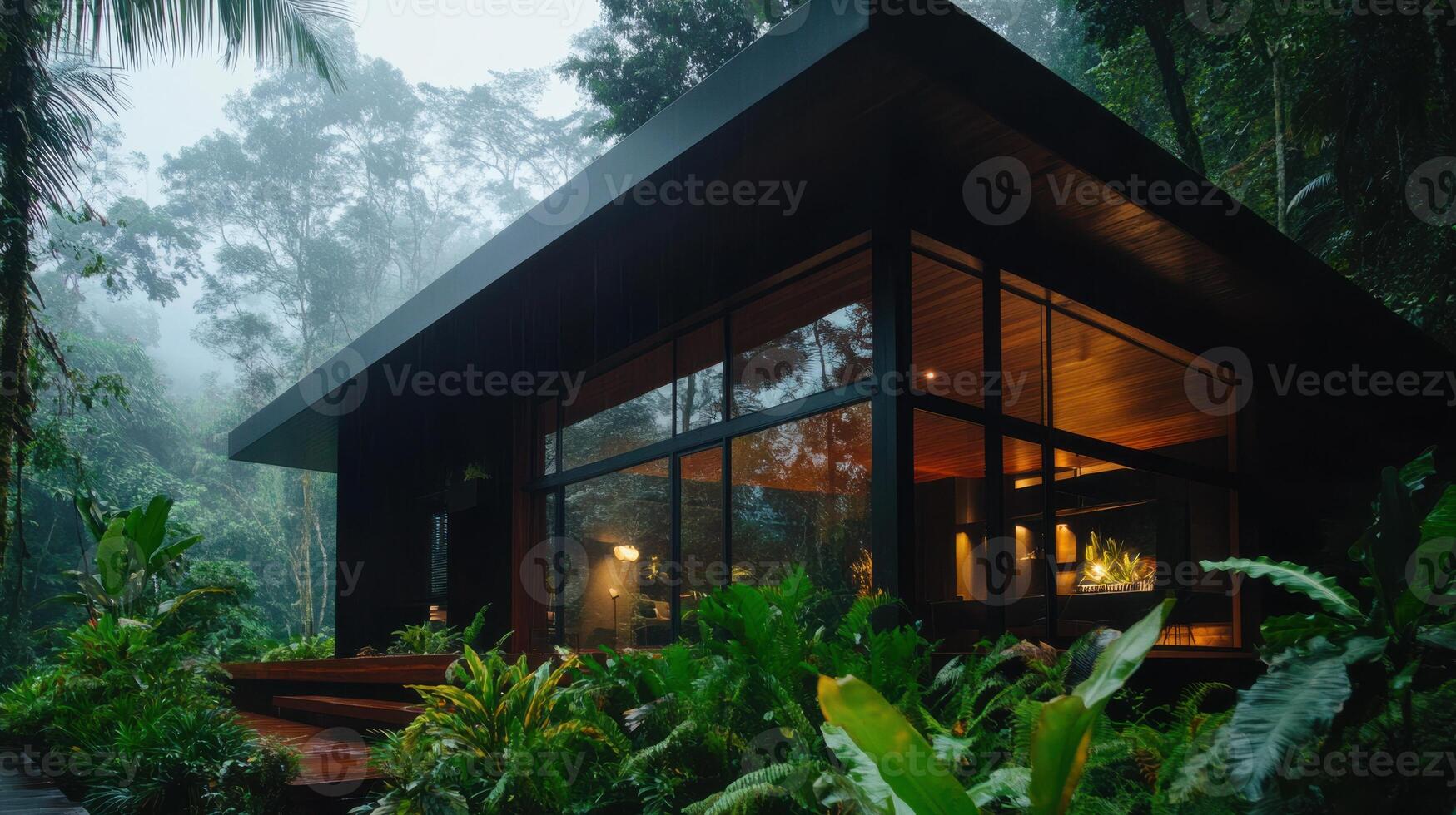A modern cabin in the jungle surrounded by lush vegetation photo