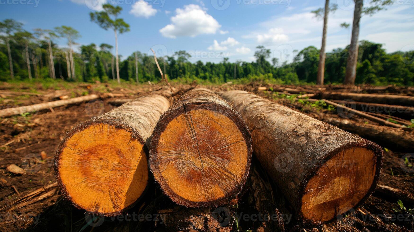 Deforestation for large scale farming, showing cut tree trunks photo
