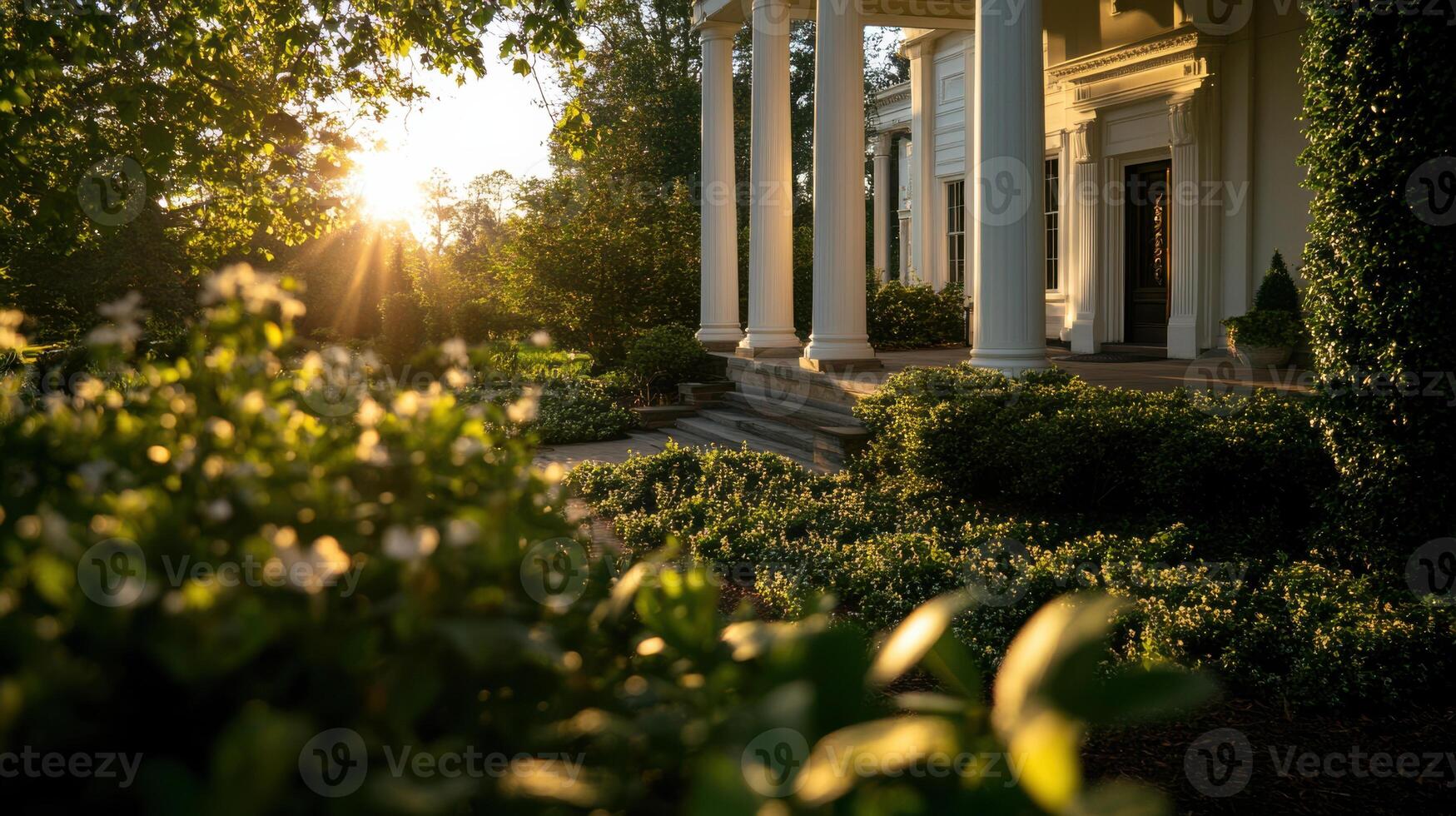 Elegant mansion with white columns and lush greenery at sunset photo