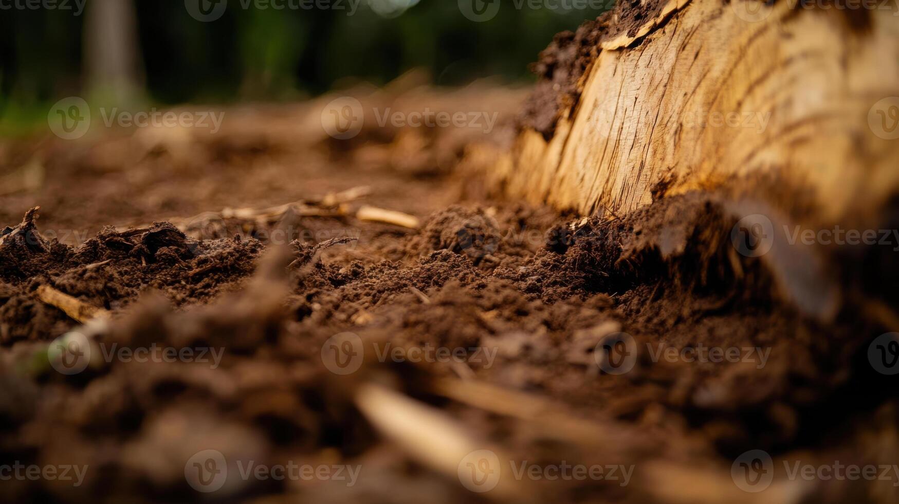 Deforested land with exposed soil and tree stump photo