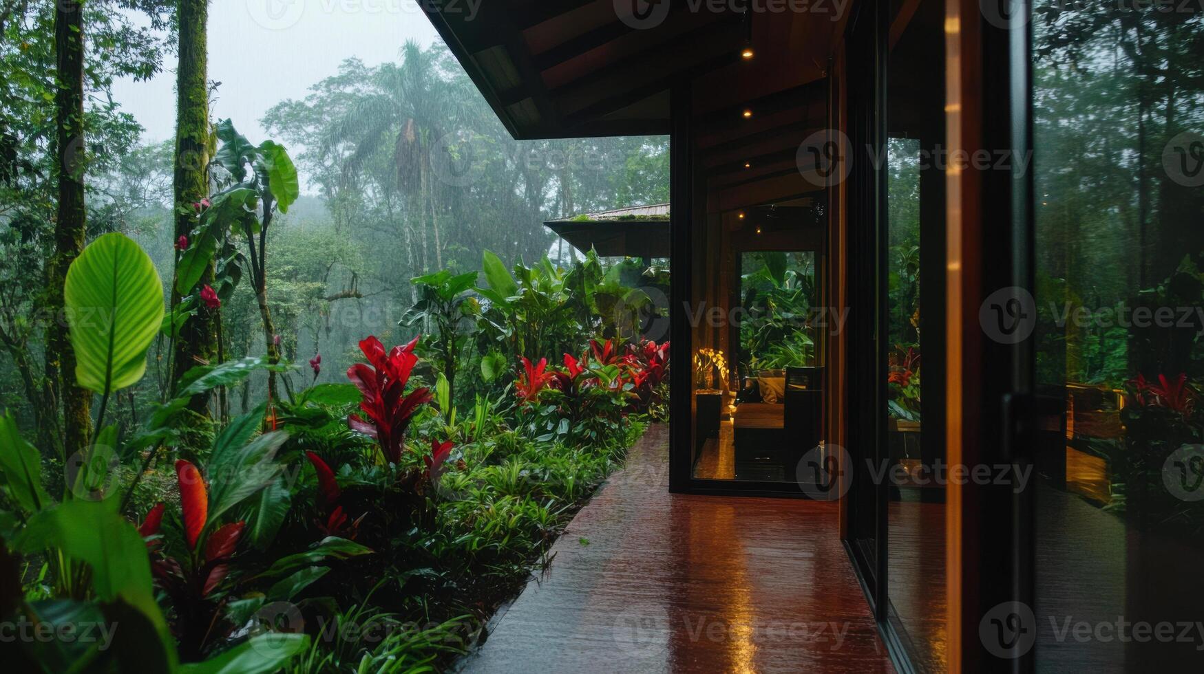 Eco friendly modern house in rainforest with vibrant plants photo
