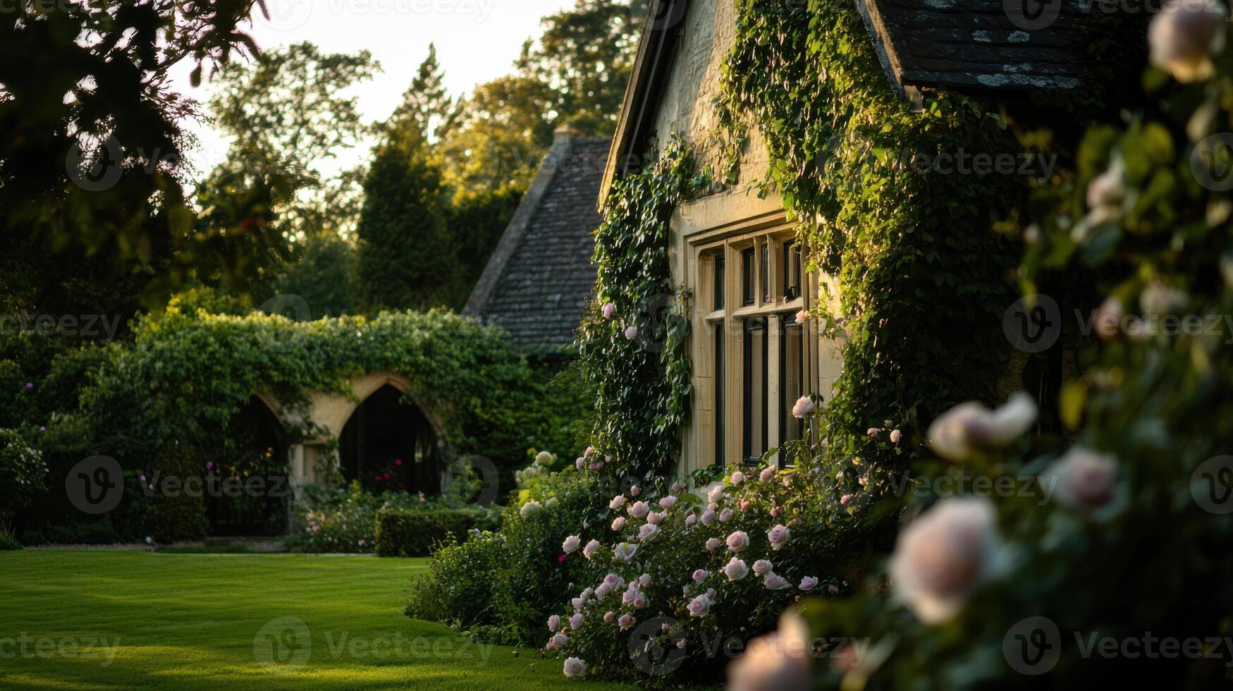 charming cottage surrounded by lush greenery and blooming roses photo
