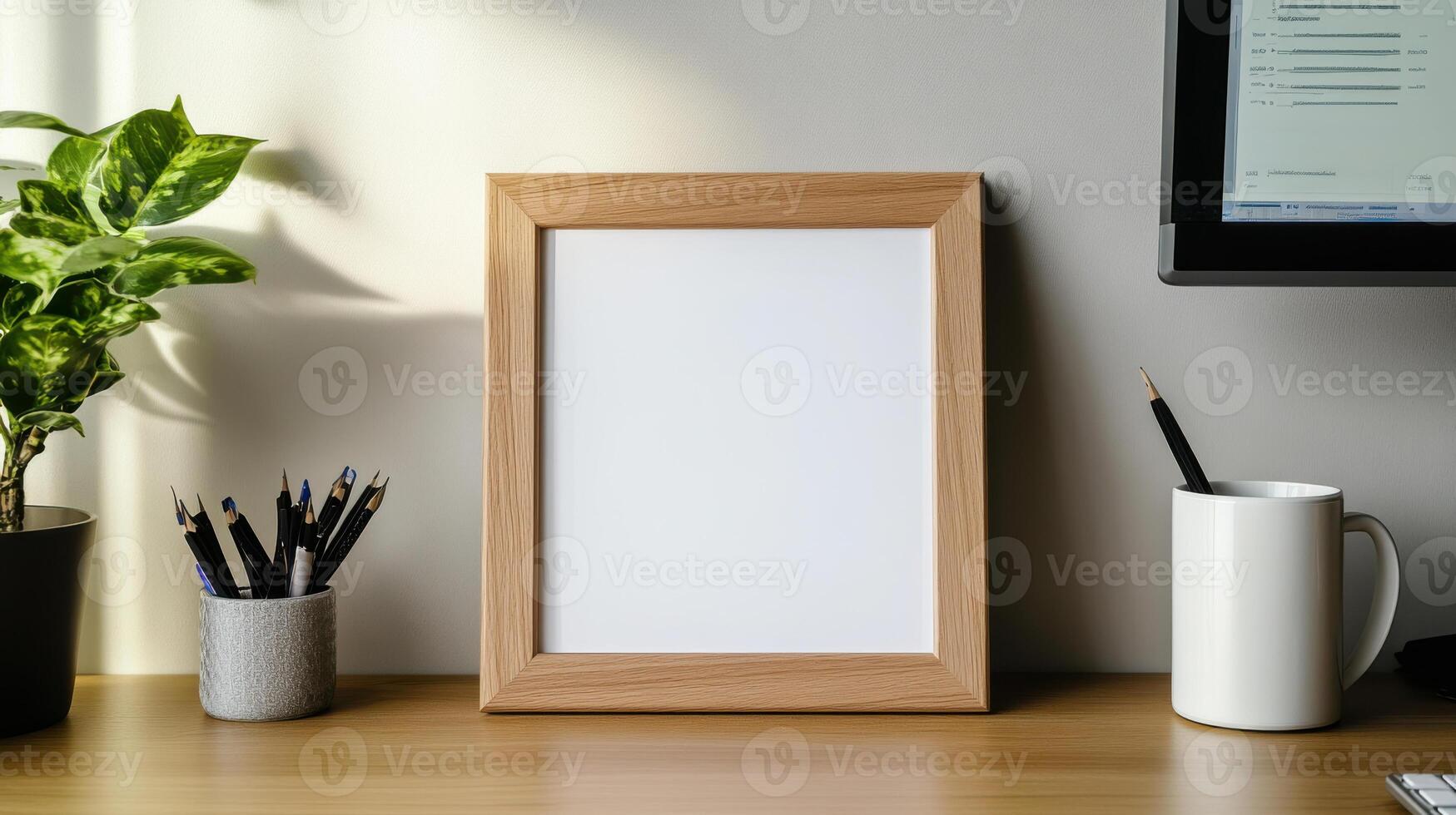 Mock up of a blank white frame on a desk with a computer and a plant photo