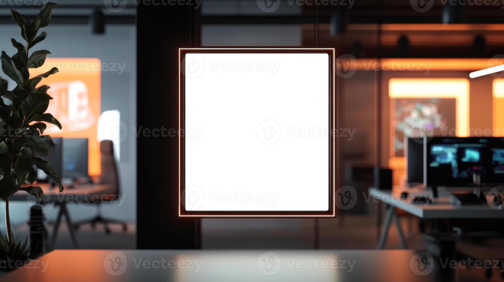 An empty white frame is sitting on a table in an office photo