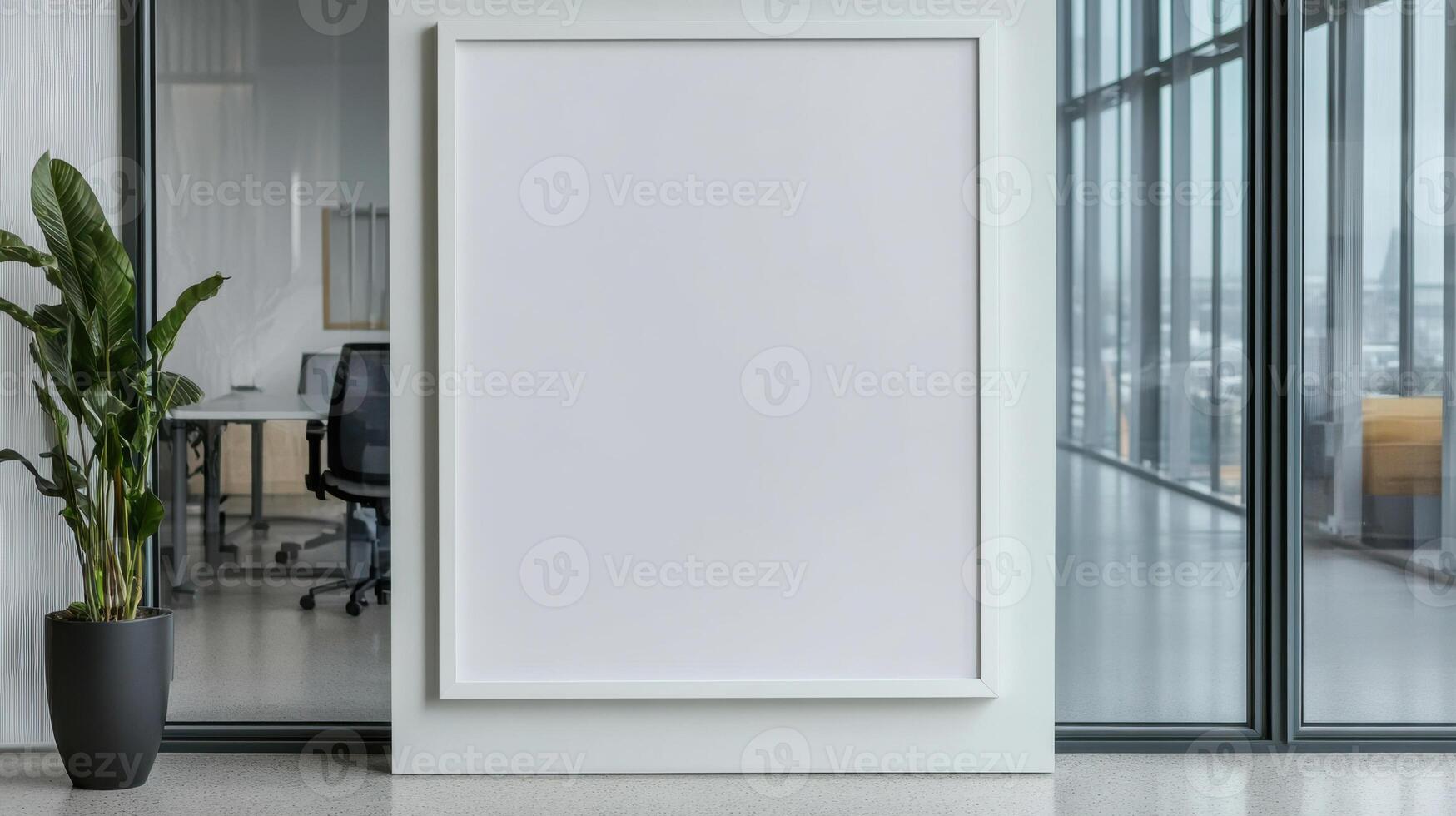 Minimalist white frame with blank center in modern office space photo