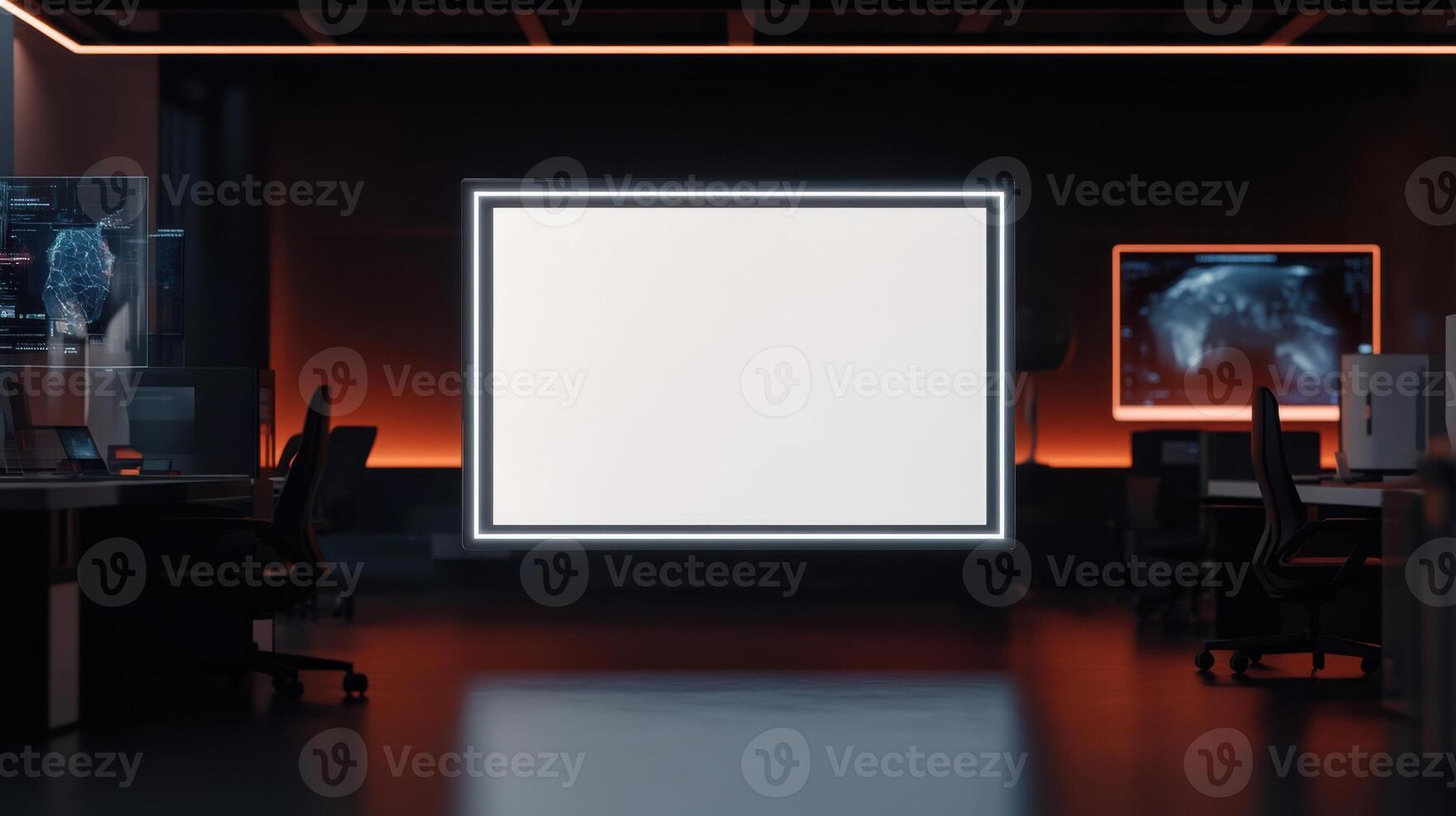 Futuristic office with glowing LED frame and empty screen photo