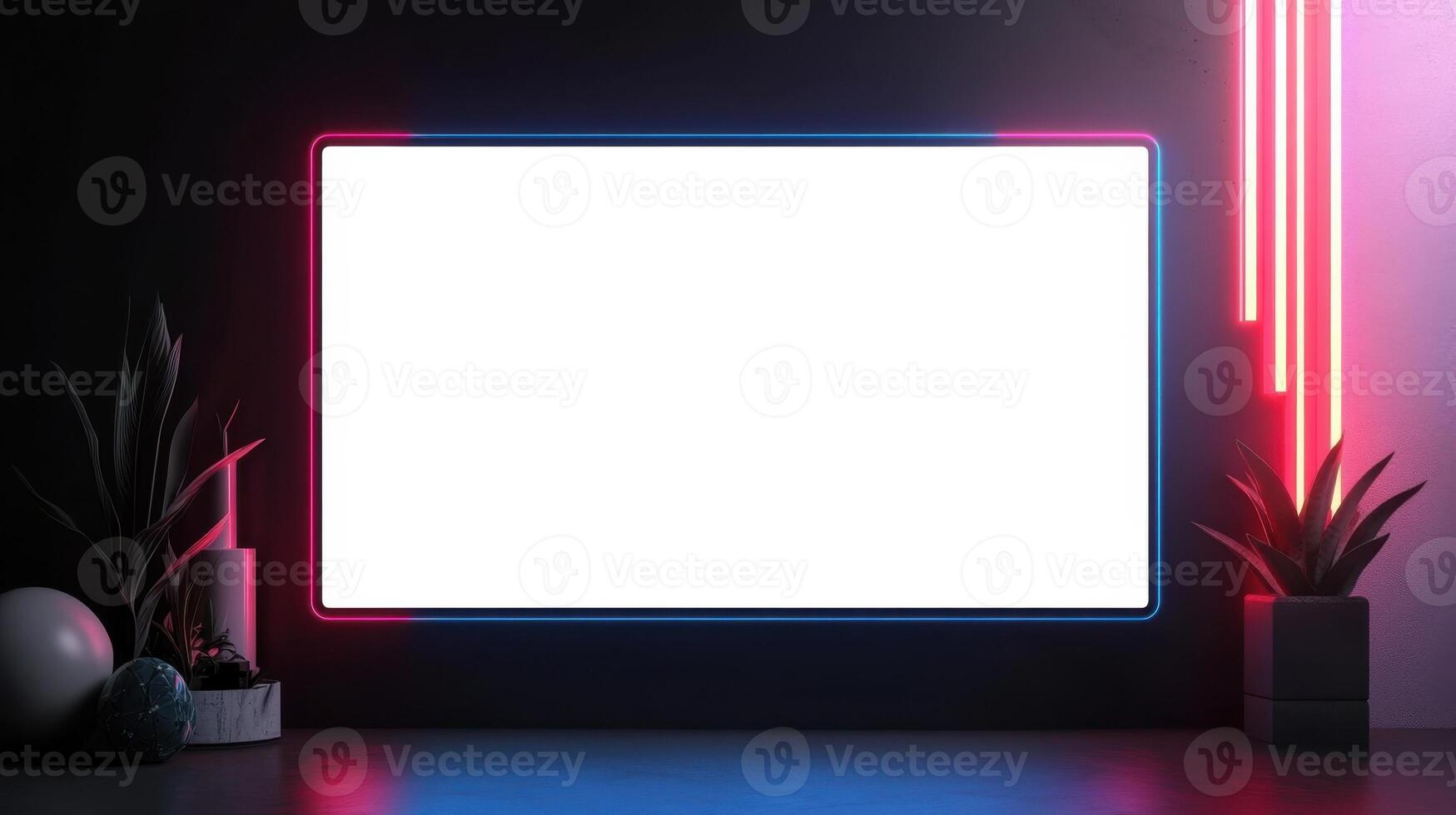 modern digital screen frame with neon accents and plants photo