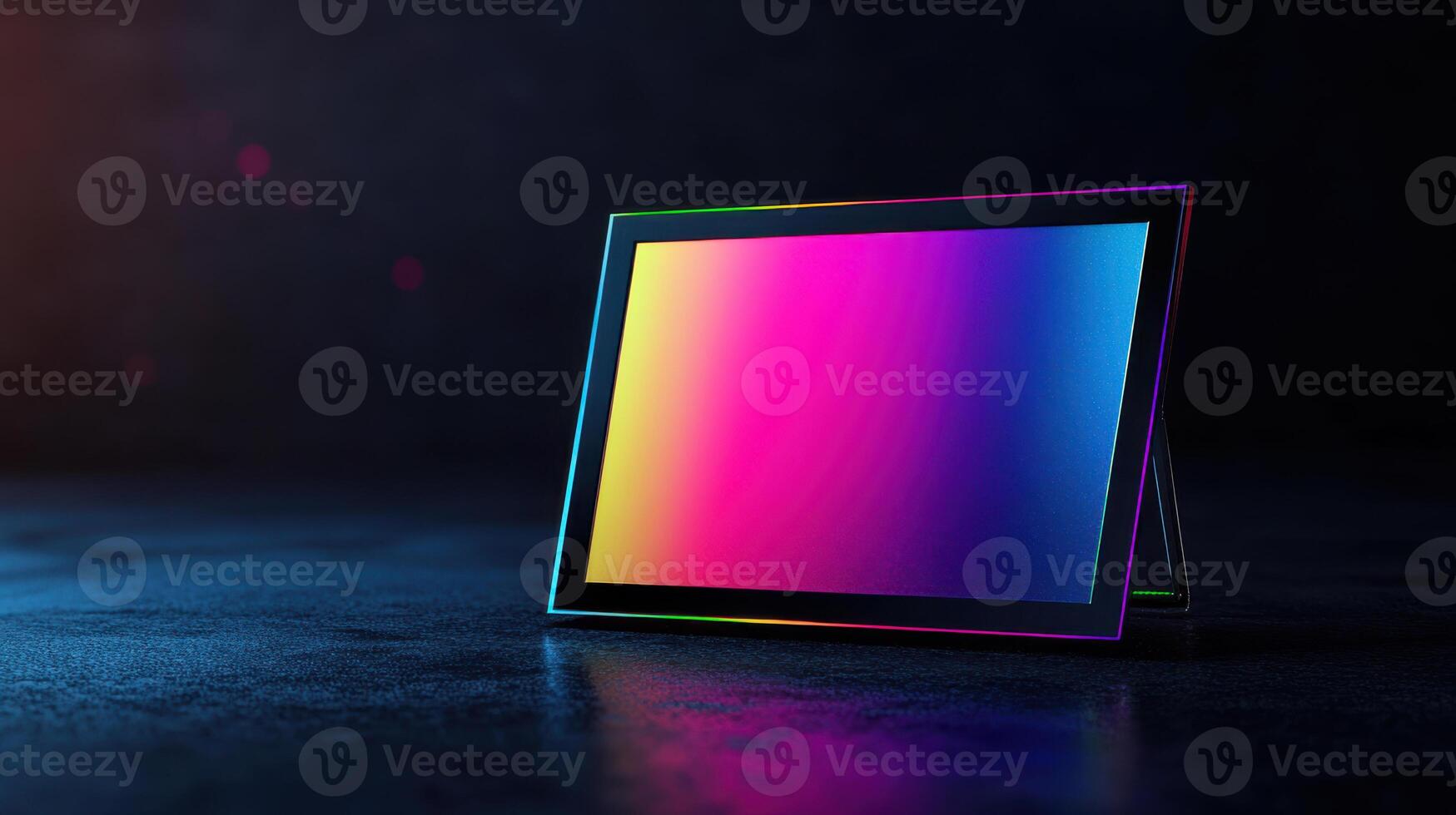 A square shaped device with a rainbow colored screen photo