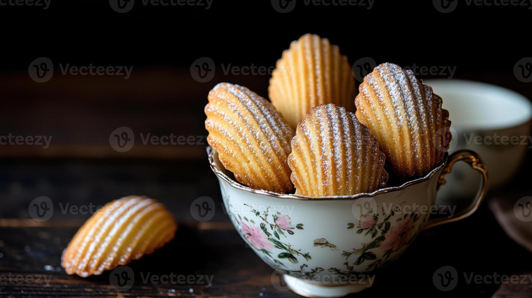 Fresh madeleines in decorative cup, buttery and soft photo