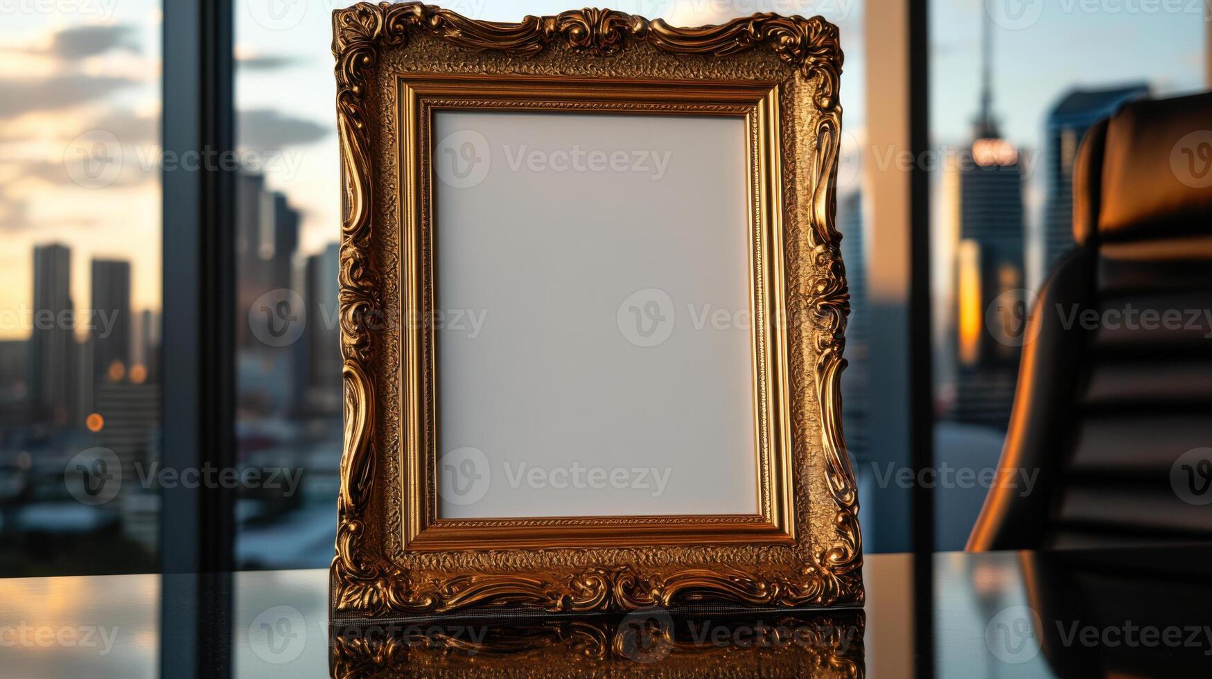 A golden frame sitting on a table in front of a cityscape photo