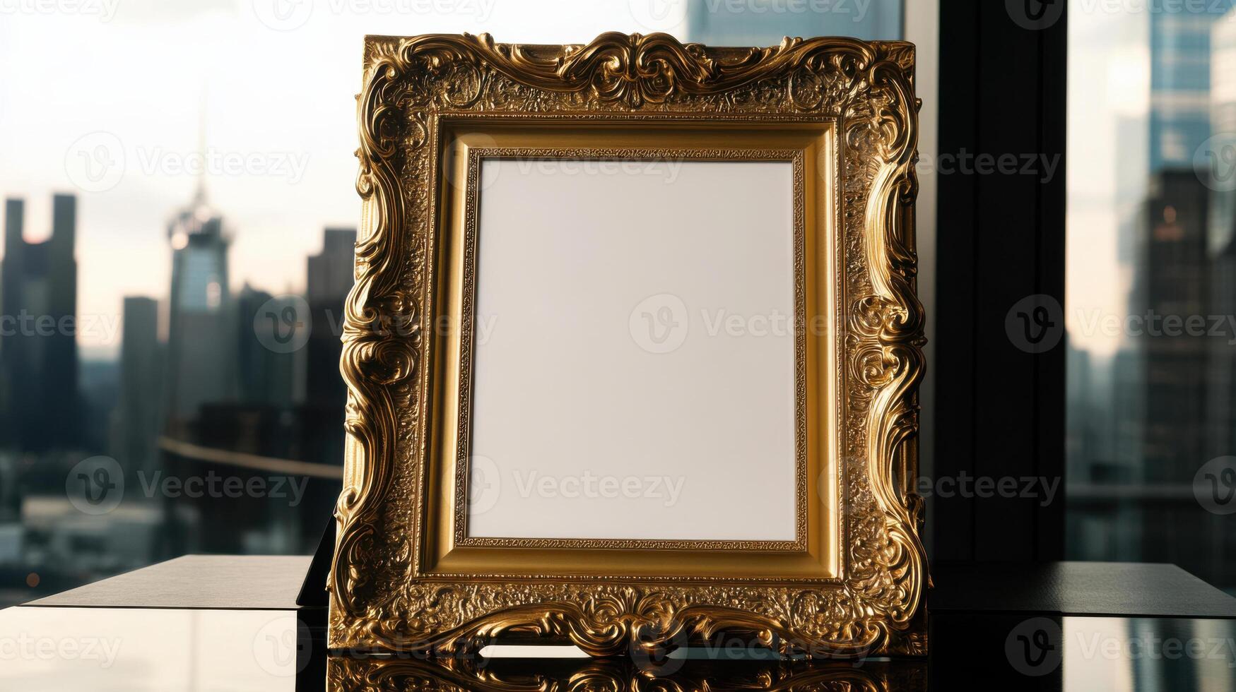 Gold frame on a table with cityscape in the background photo