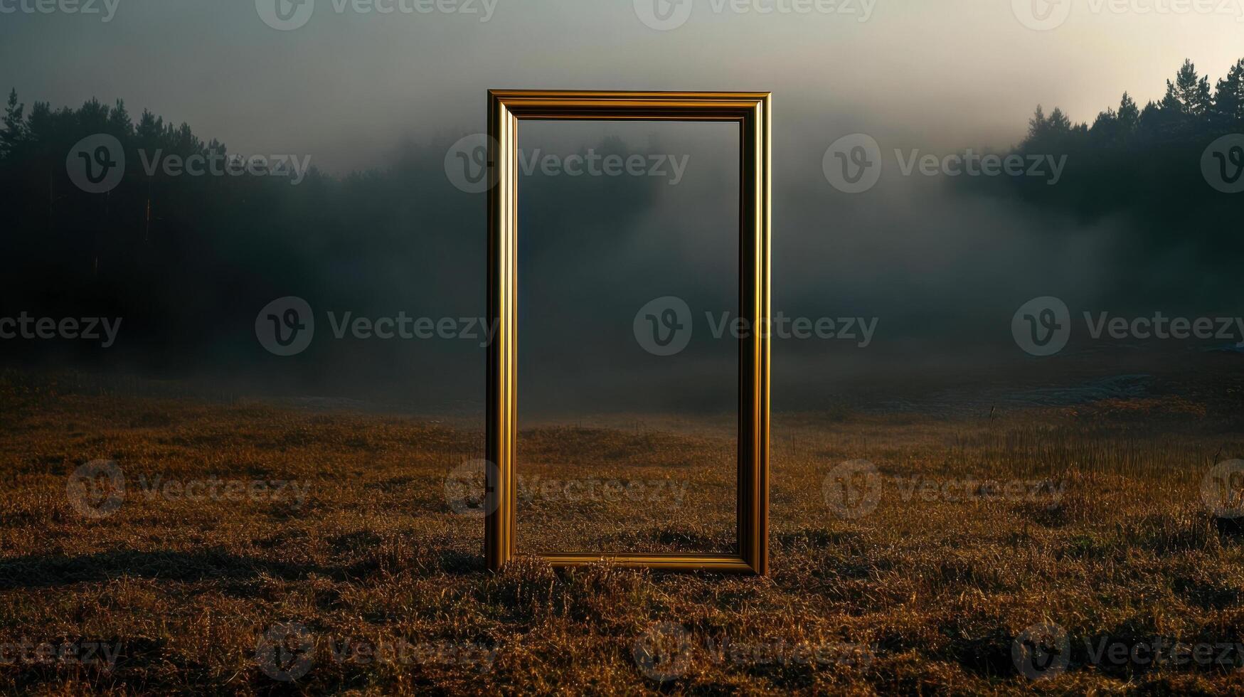A golden frame sitting in a field with fog photo