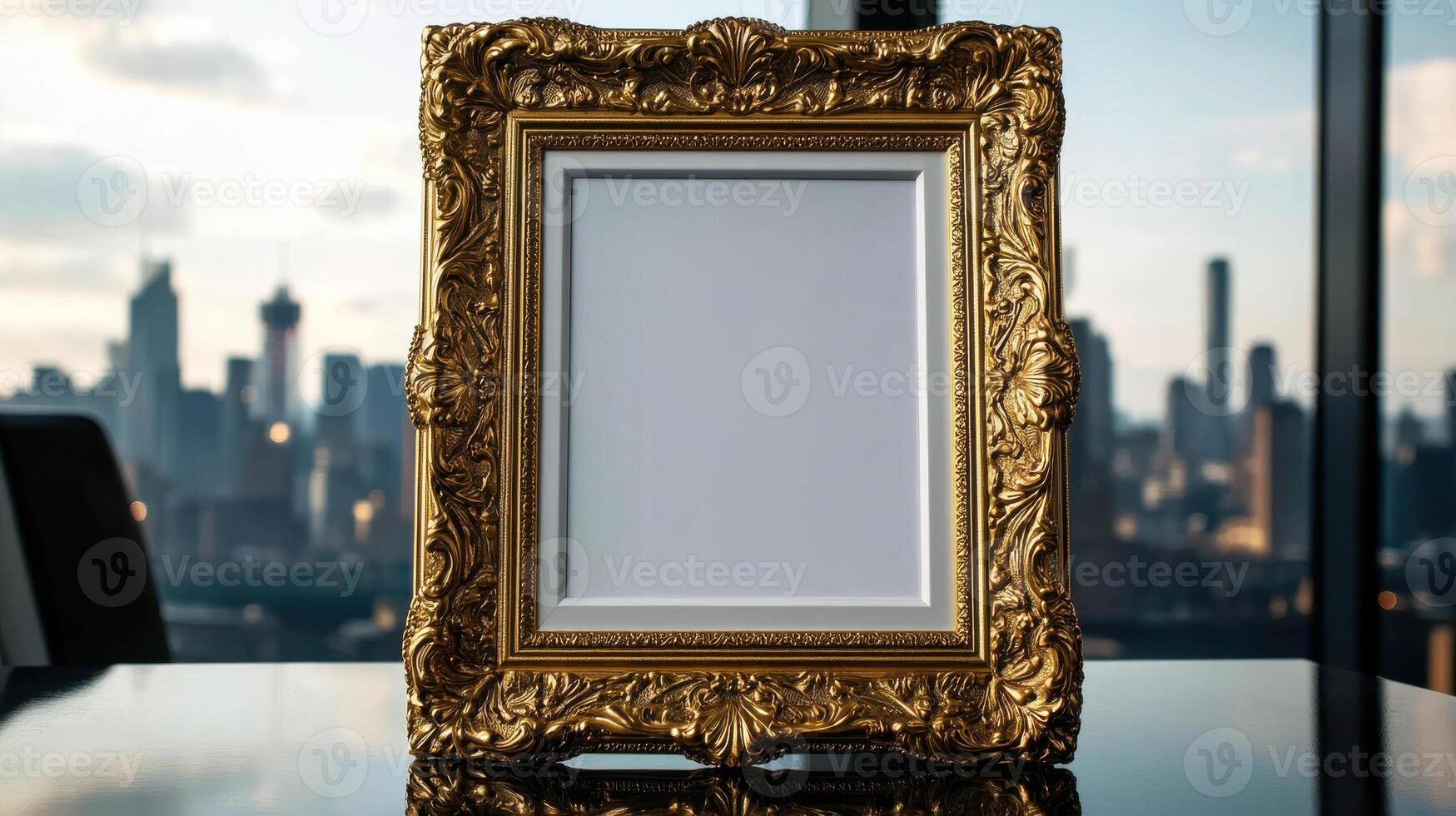 Elegant golden ornate picture frame with blank center photo