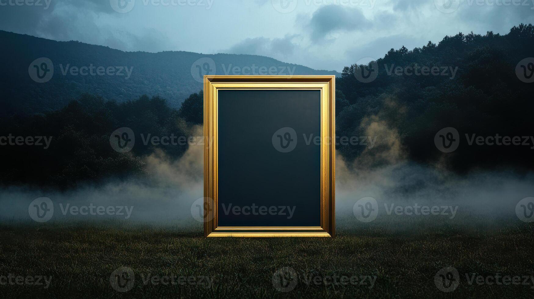 giant golden frame stands alone in misty field photo