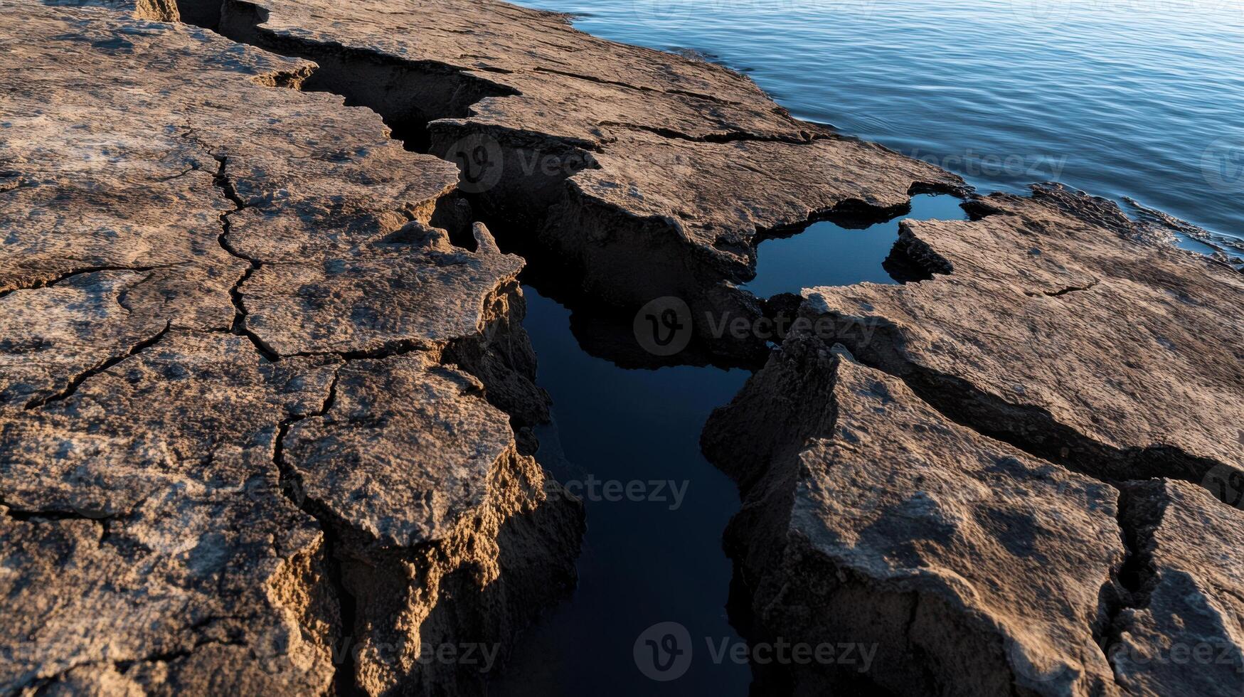 Cracked earth near water, showcasing drought effects and climate photo