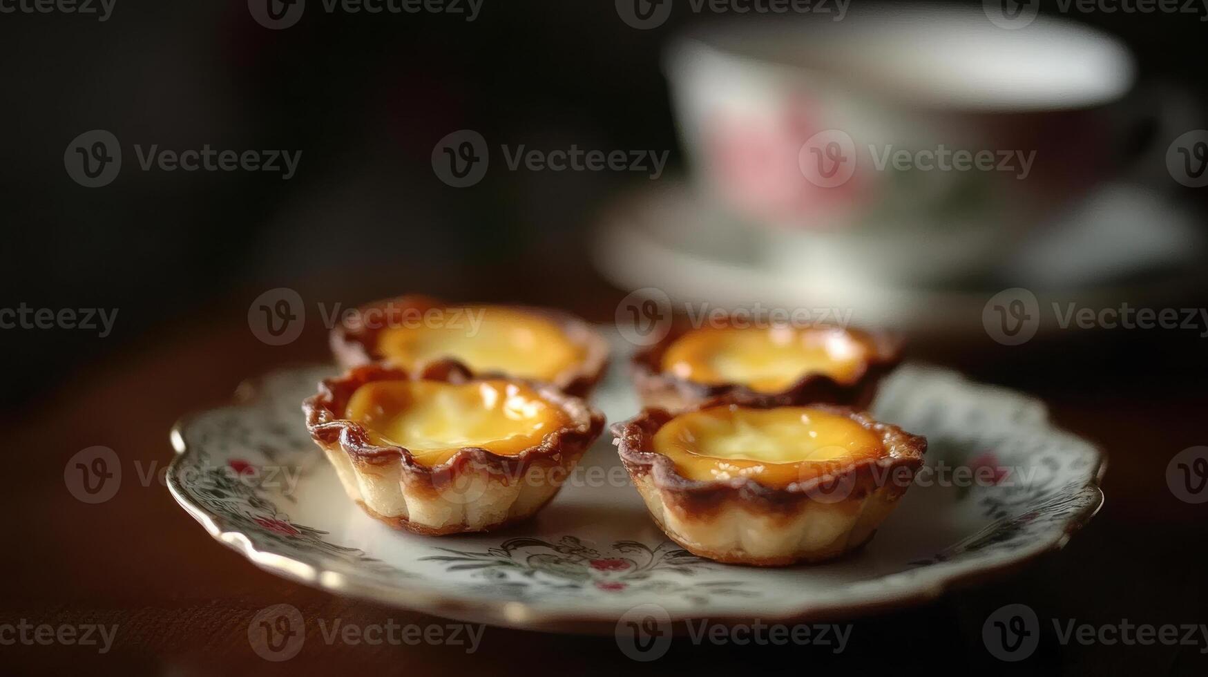 Golden brown egg tarts with glossy custard filling photo