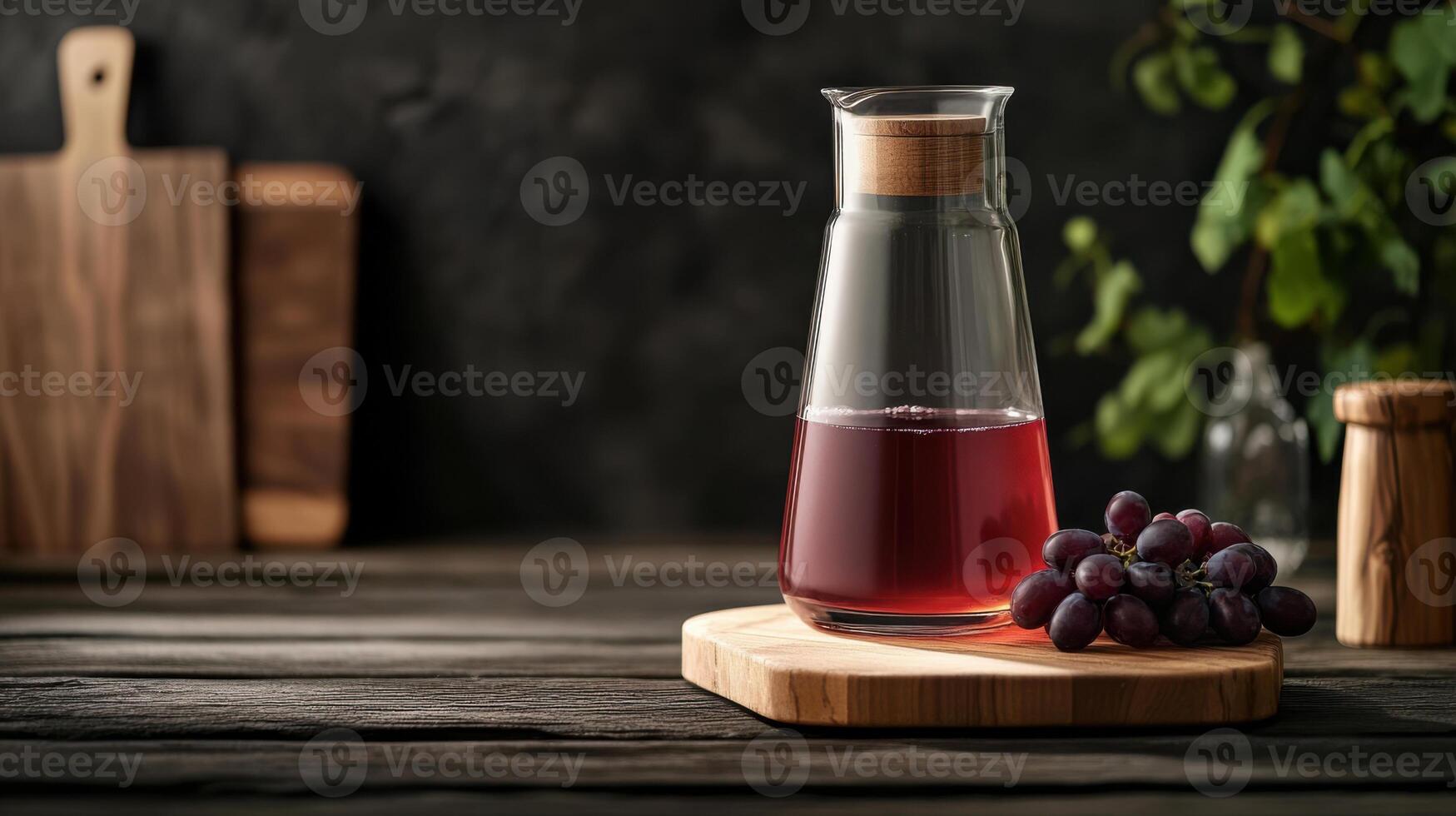 Refreshing grape juice in glass carafe with grapes photo