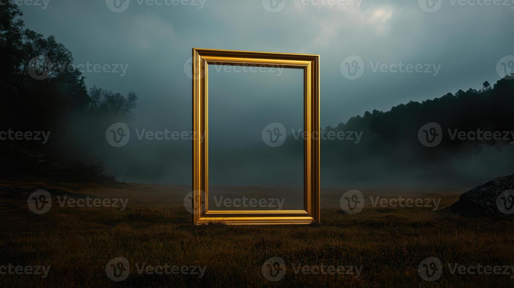 Giant golden frame in misty open field landscape photo