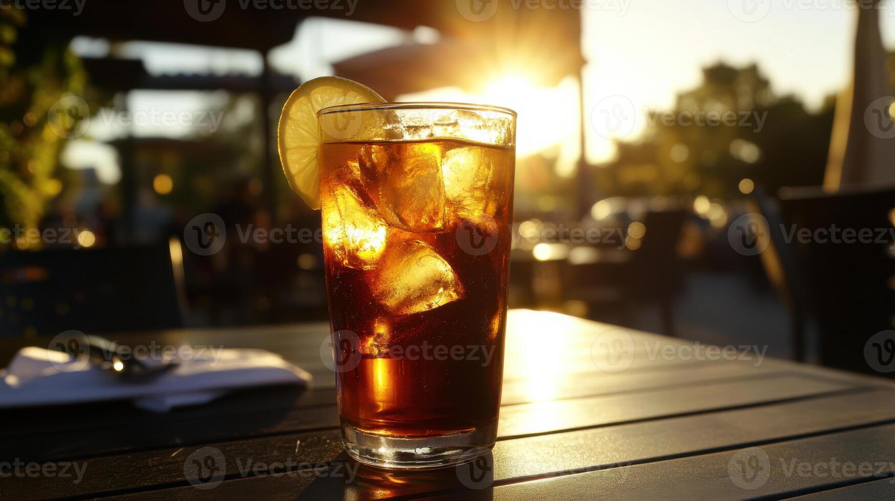 A glass of iced tea with lemon slices on the table photo