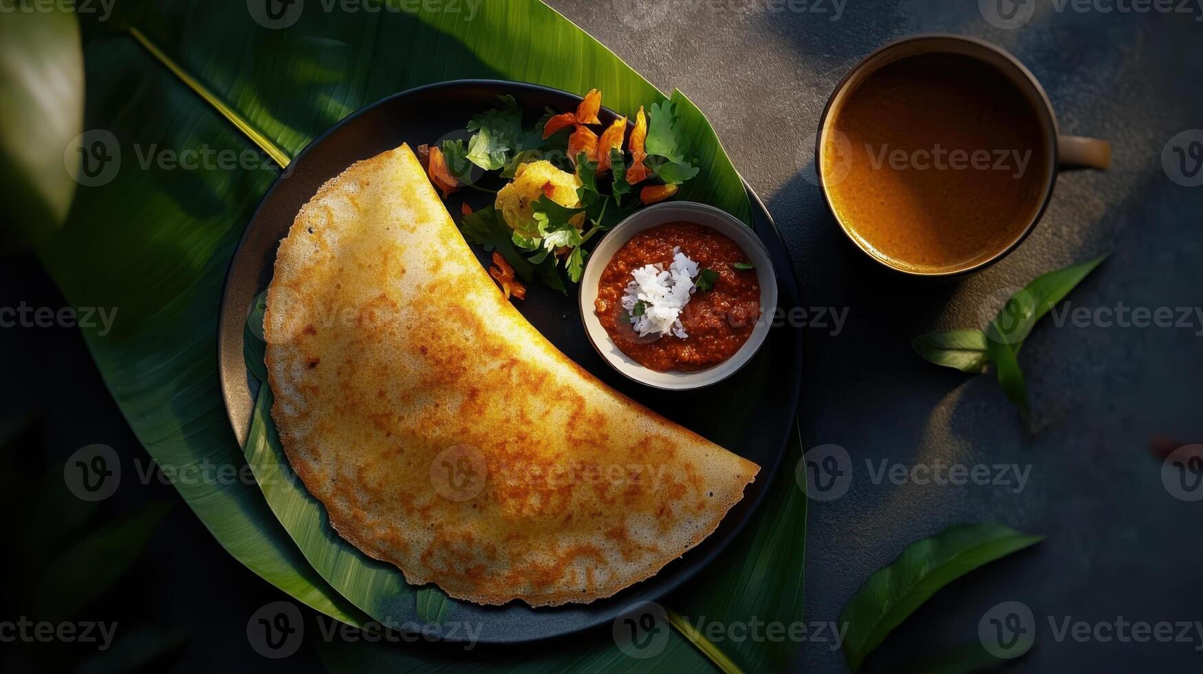 Crispy dosa with chutney and tea on banana leaf photo