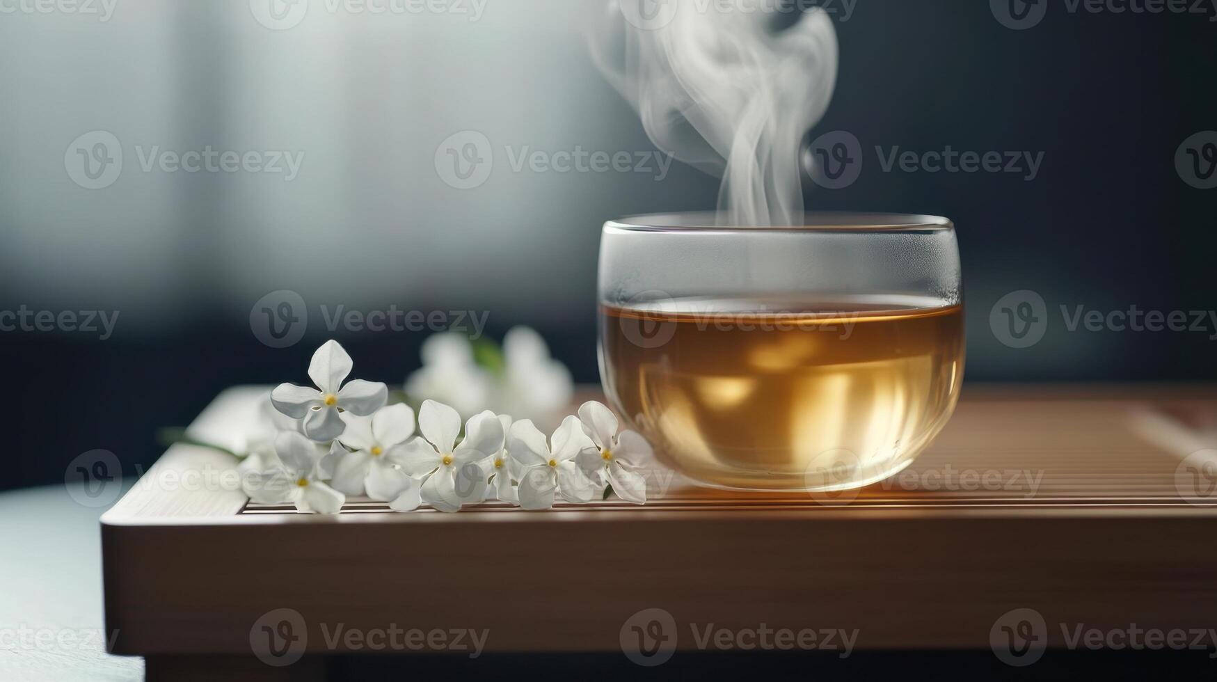 A glass of tea with flowers on a wooden tray photo