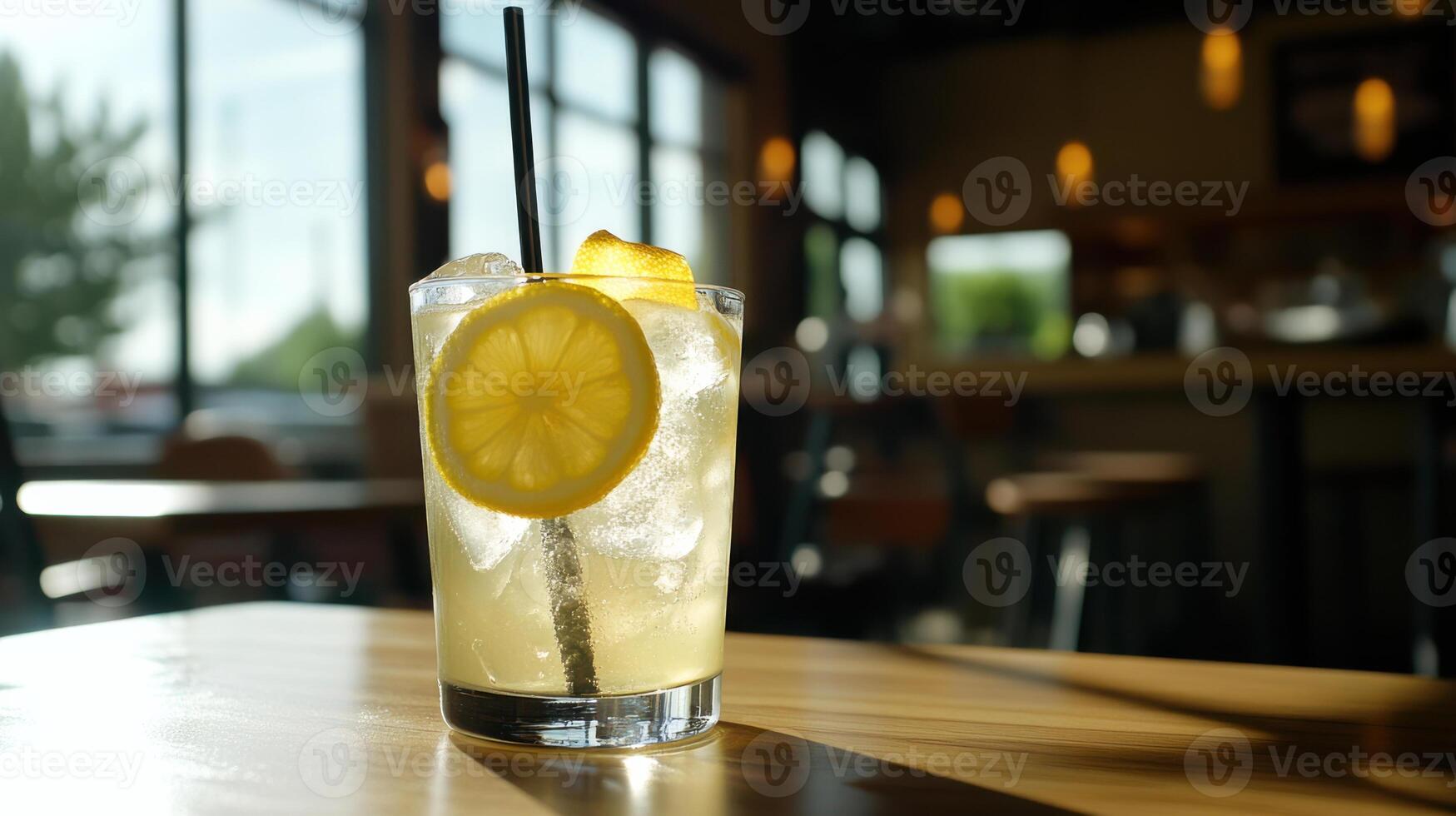 A lemonade drink with a straw sitting on a table photo