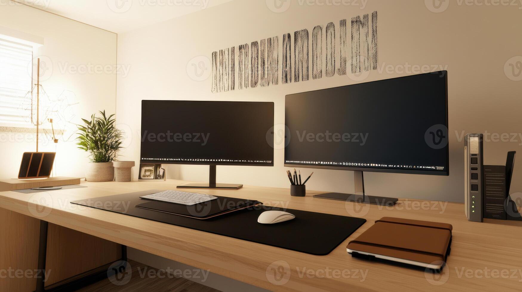 Minimalist home office setup with dual monitors and desk photo