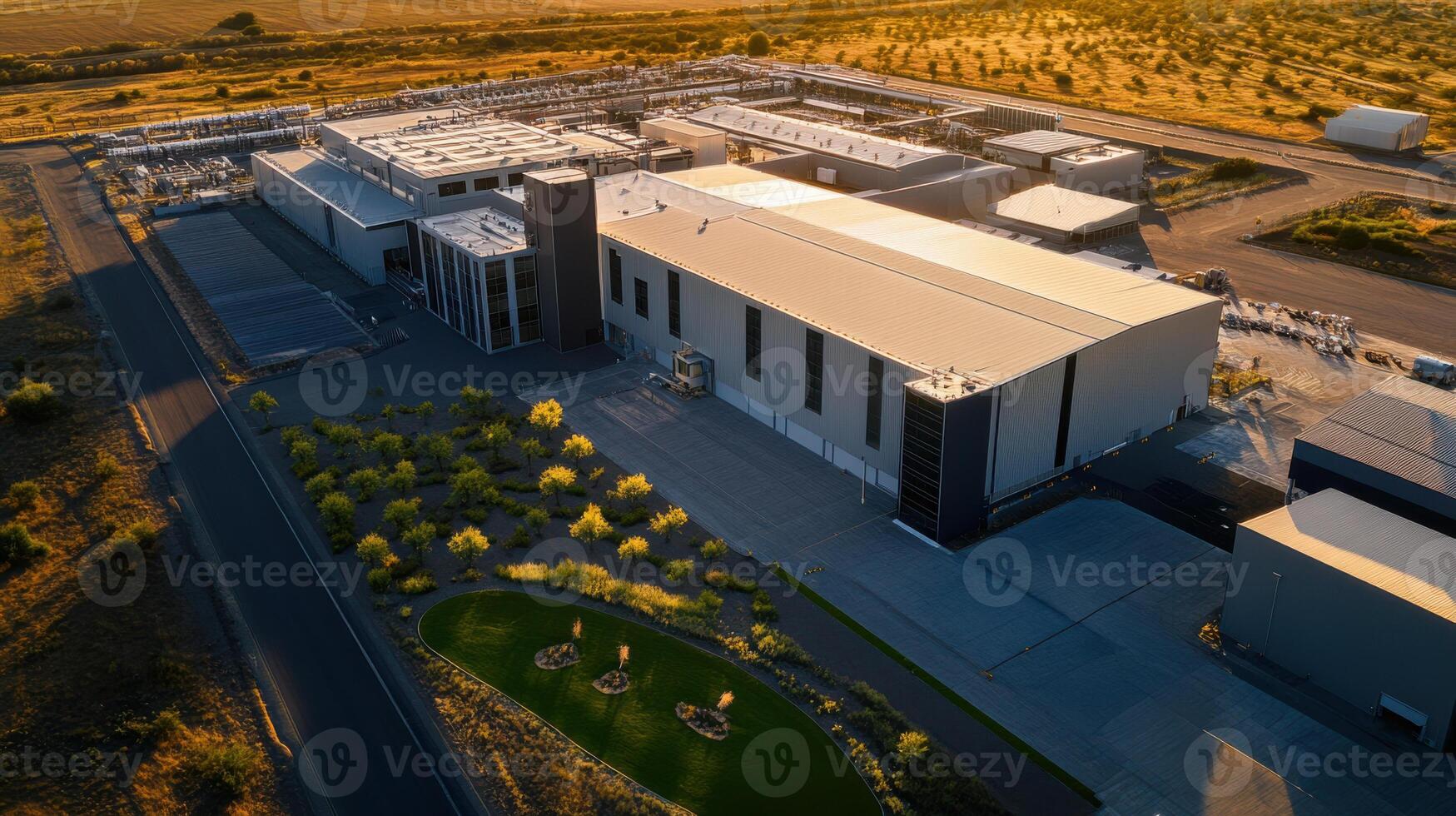 Aerial view of modern industrial facility with solar panels photo