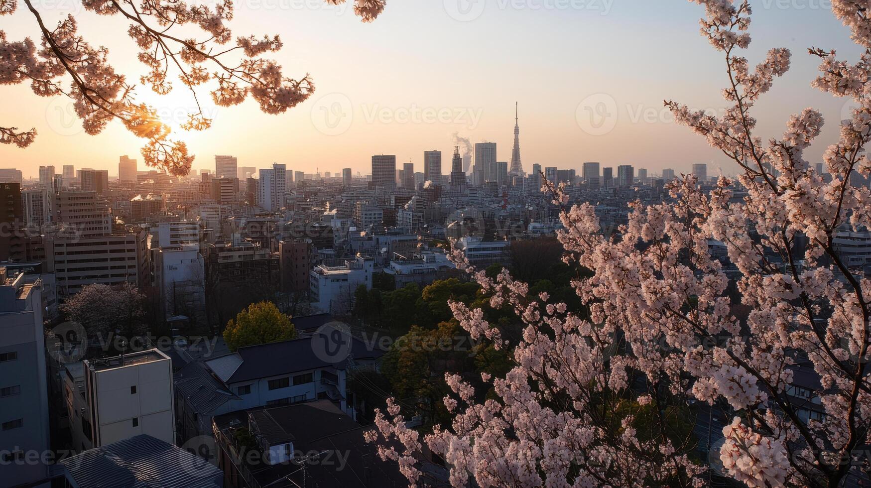 beautiful city skyline with cherry blossoms at sunset photo