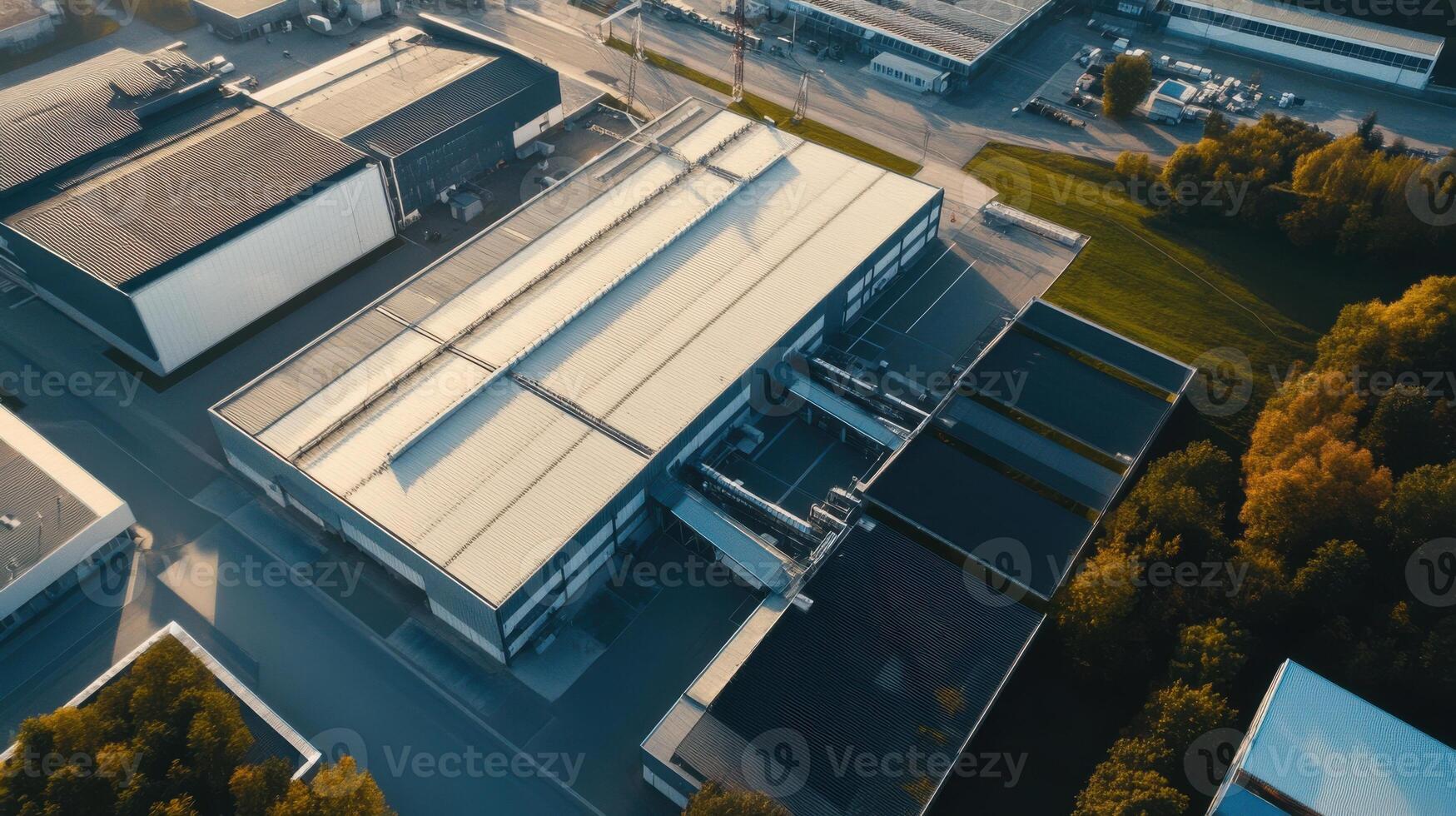 Aerial view of modern industrial facility with rooftops photo