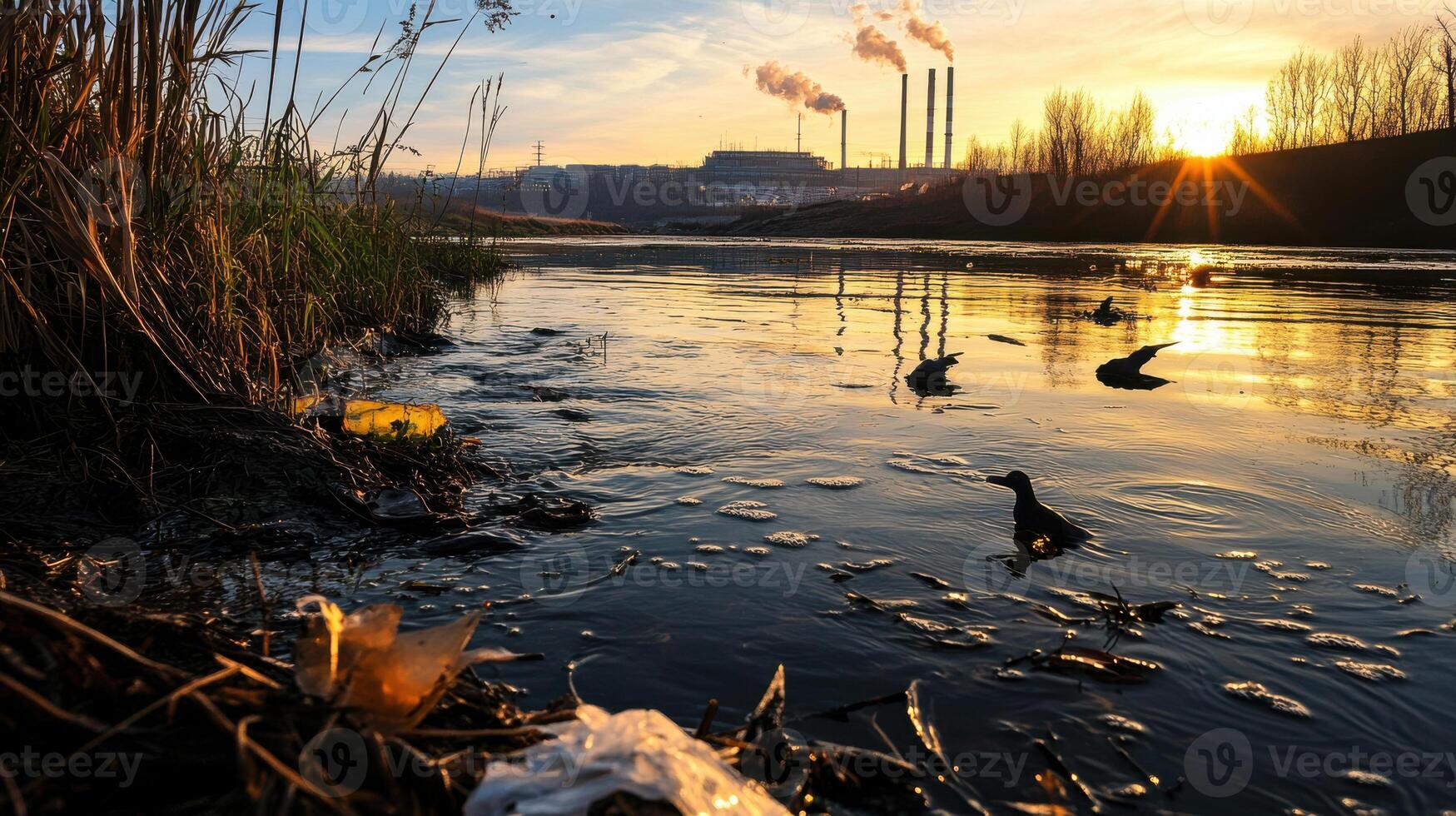 polluted river with industrial waste and sunset view photo