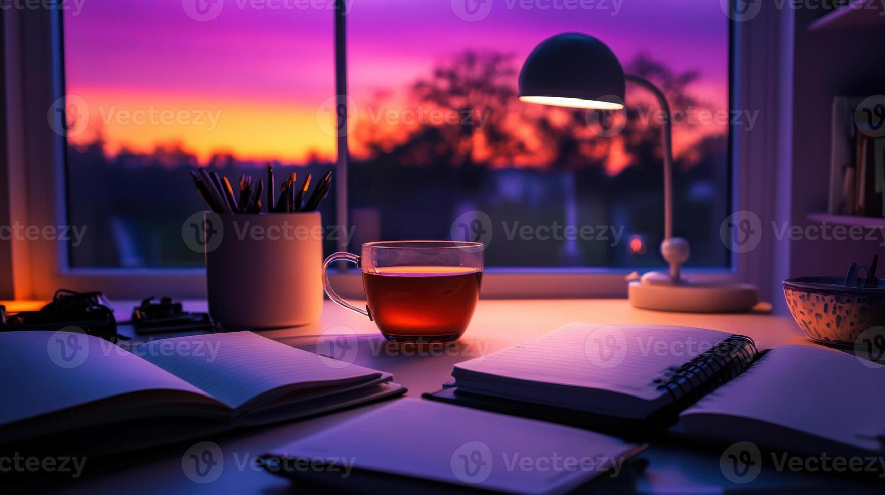A desk with a cup of tea and a notebook photo