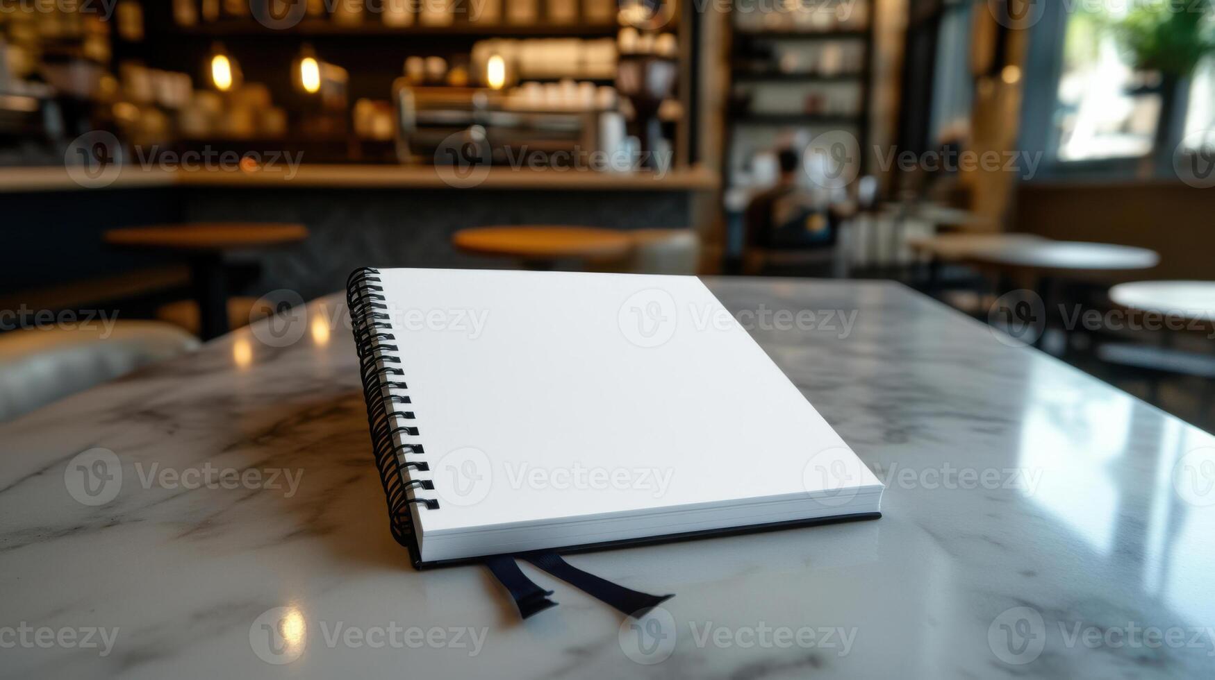 open blank notebook on marble countertop in cafe photo