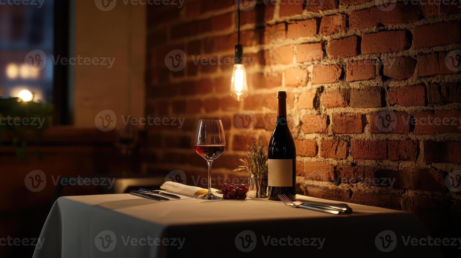 intimate restaurant table with wine and soft lighting photo